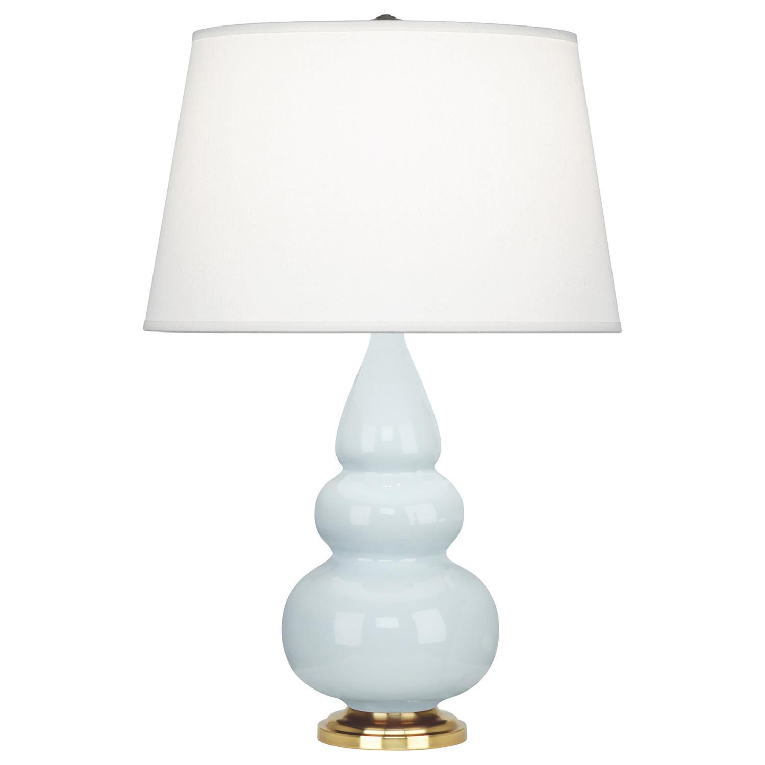 Shown in Baby Blue Glazed Ceramic With Antique Natural Brass ed Accents finish and Pearl Dupioni Fabric shade