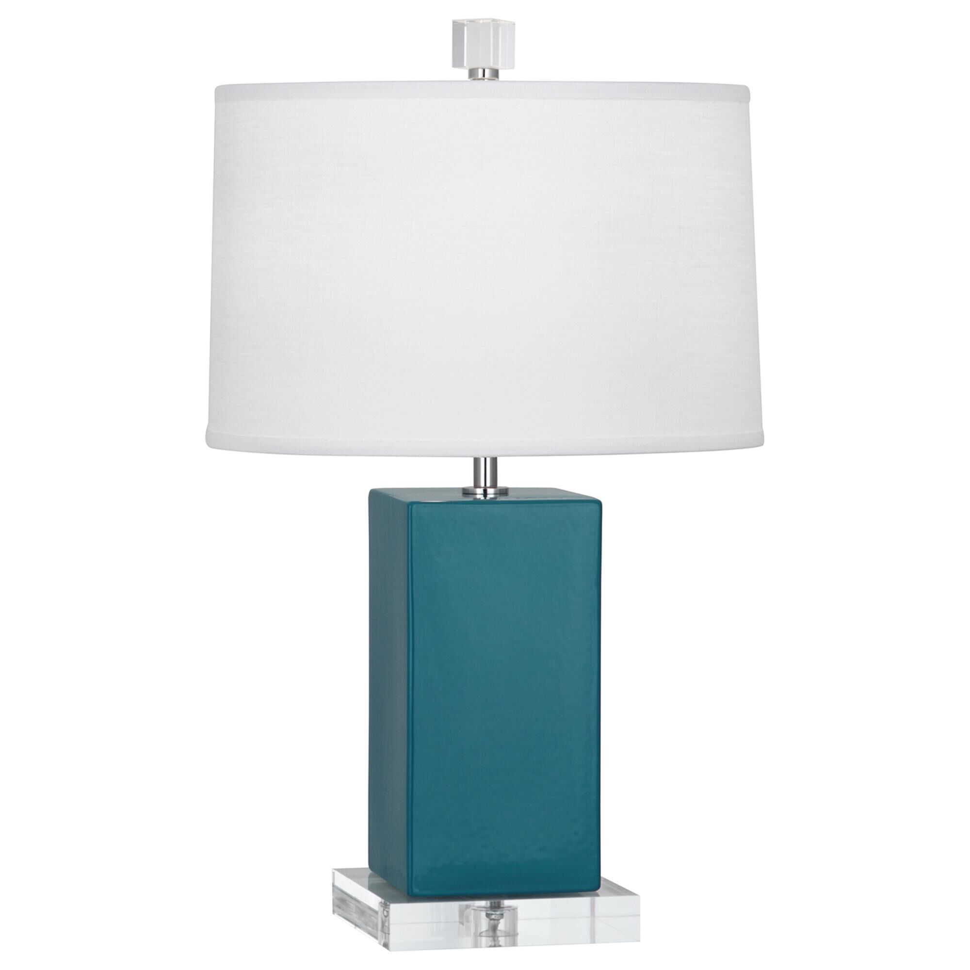 Shown in Peacock Glazed Ceramic finish and Oyster Linen With Self Fabric Top Diffuser shade