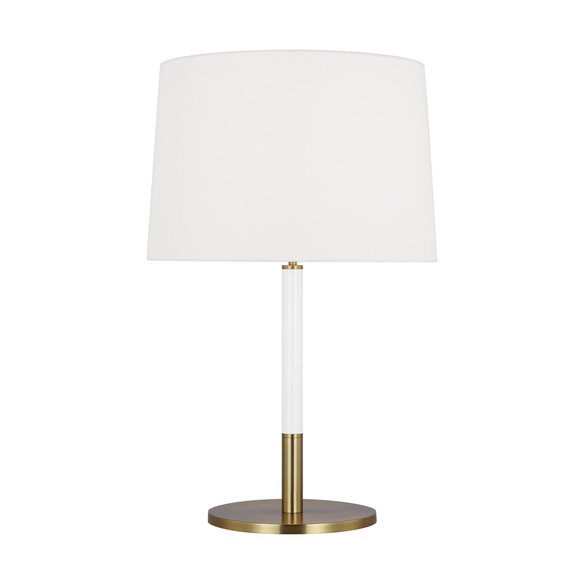 Shown in Burnished Brass finish and White Linen Fabric shade
