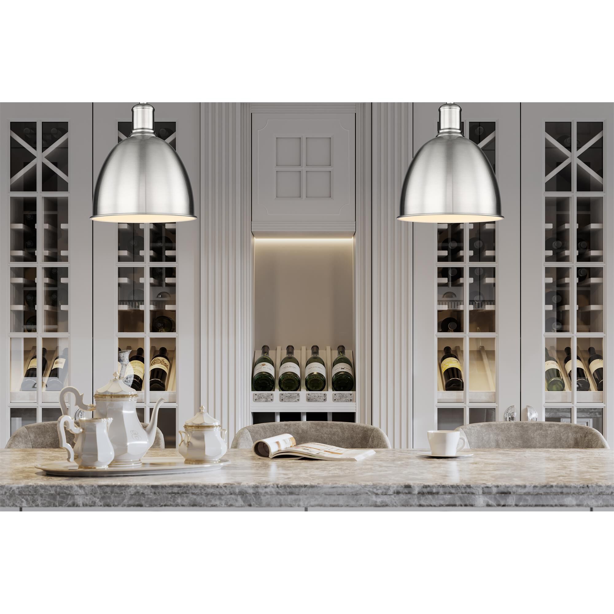 Shown in Brushed Nickel finish and Brushed Nickel glass and Brushed Nickel shade