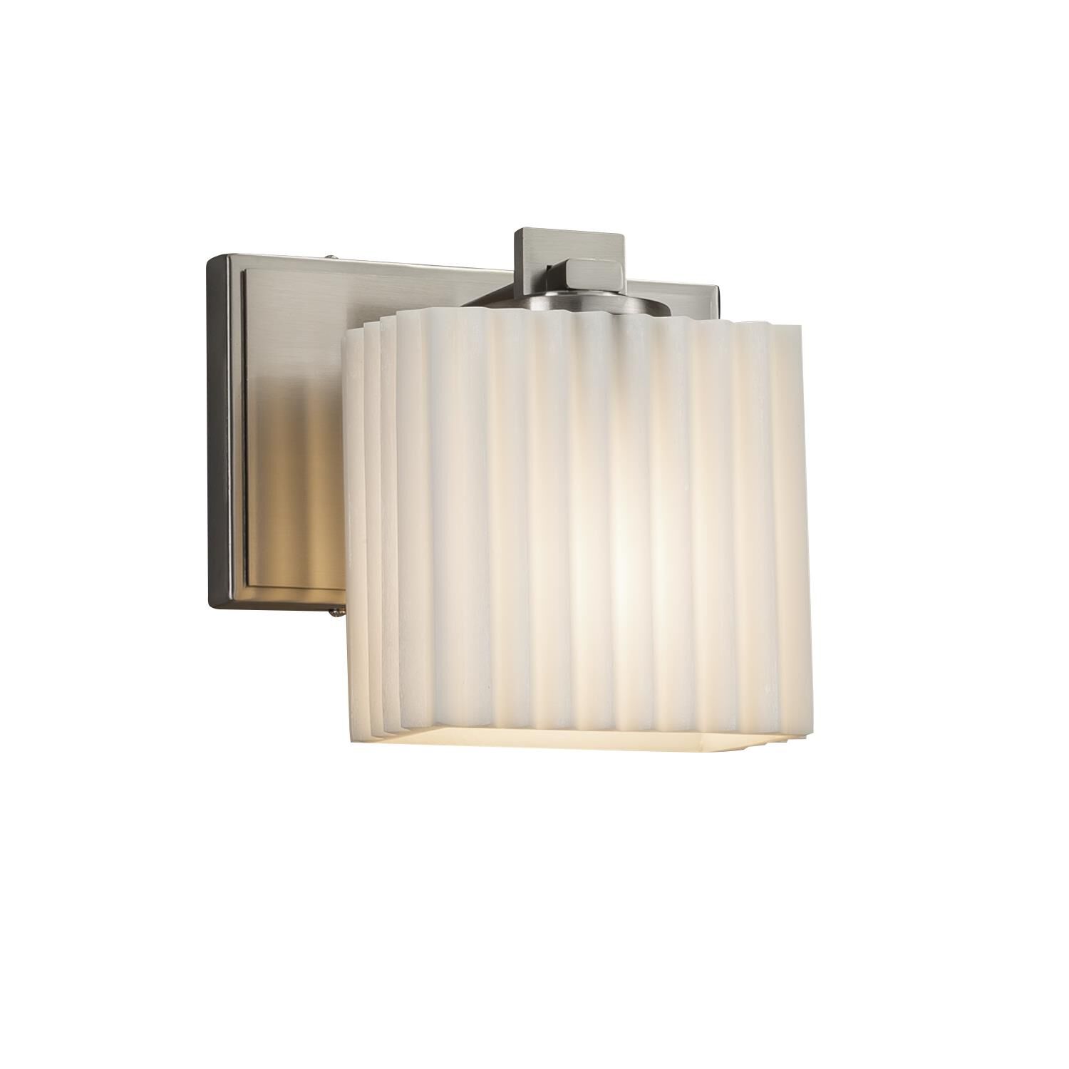 Shown in Brushed Nickel finish and Faux Porcelain Resin glass and Pleats shade and Rectangle accent