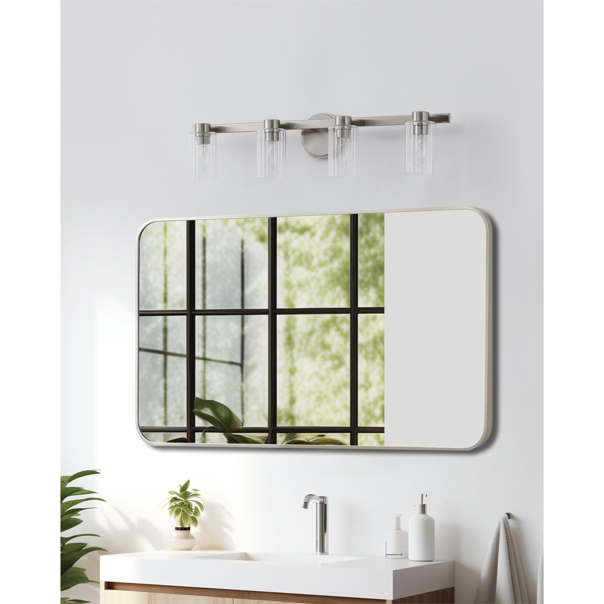 Shown in Brushed Nickel finish and Clear Ribbed glass