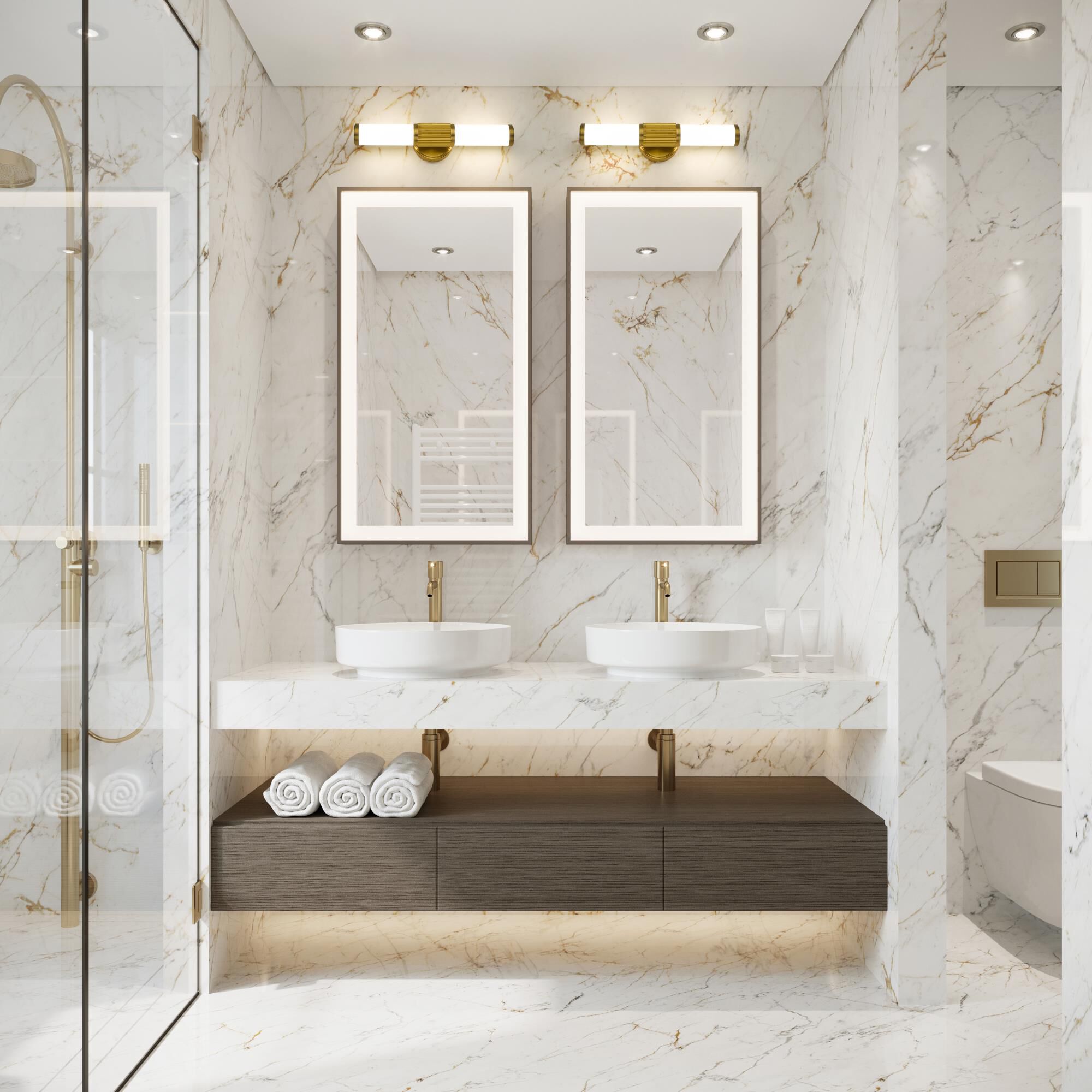 Shown in Modern Gold finish and Opal White glass and Opal White shade