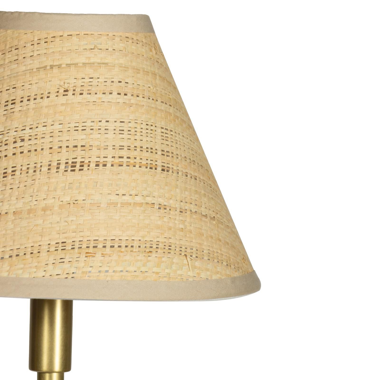 Shown in Natural Brass finish and Rattan shade