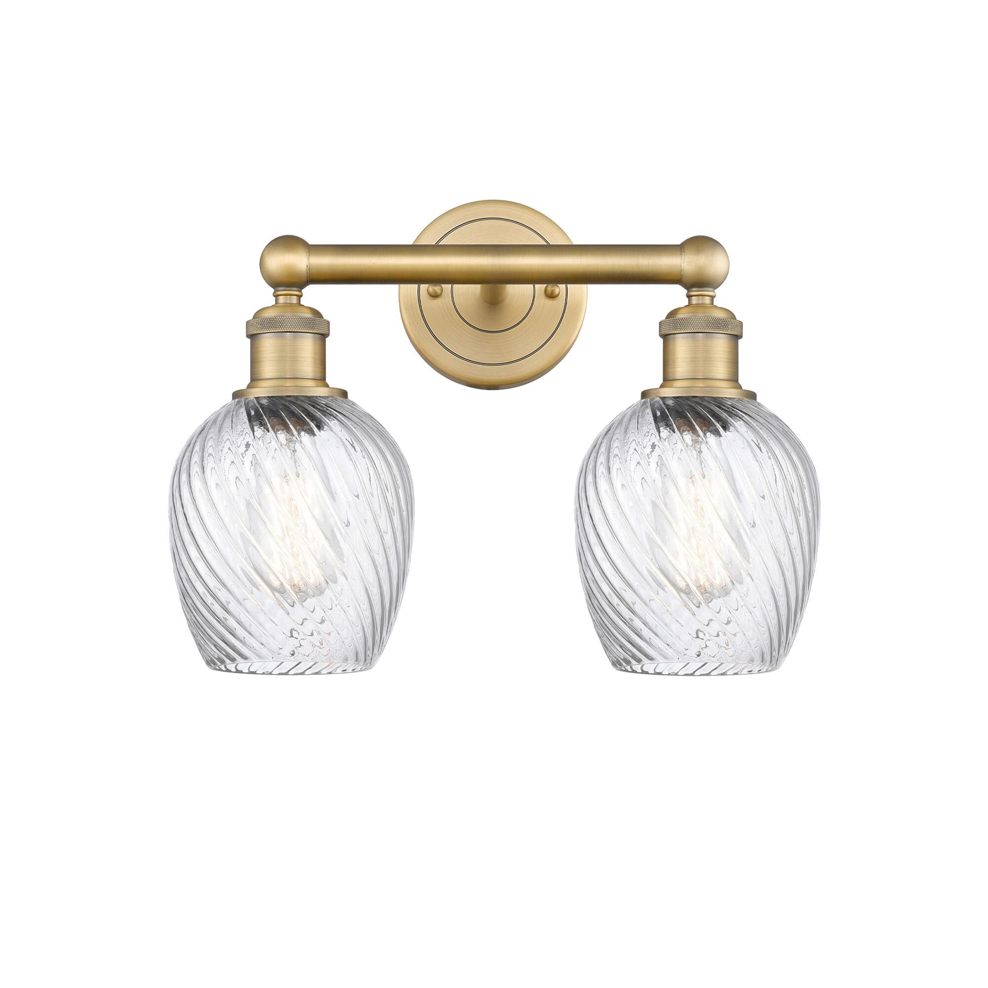 Shown in Brushed Brass finish and Clear Spiral Fluted glass