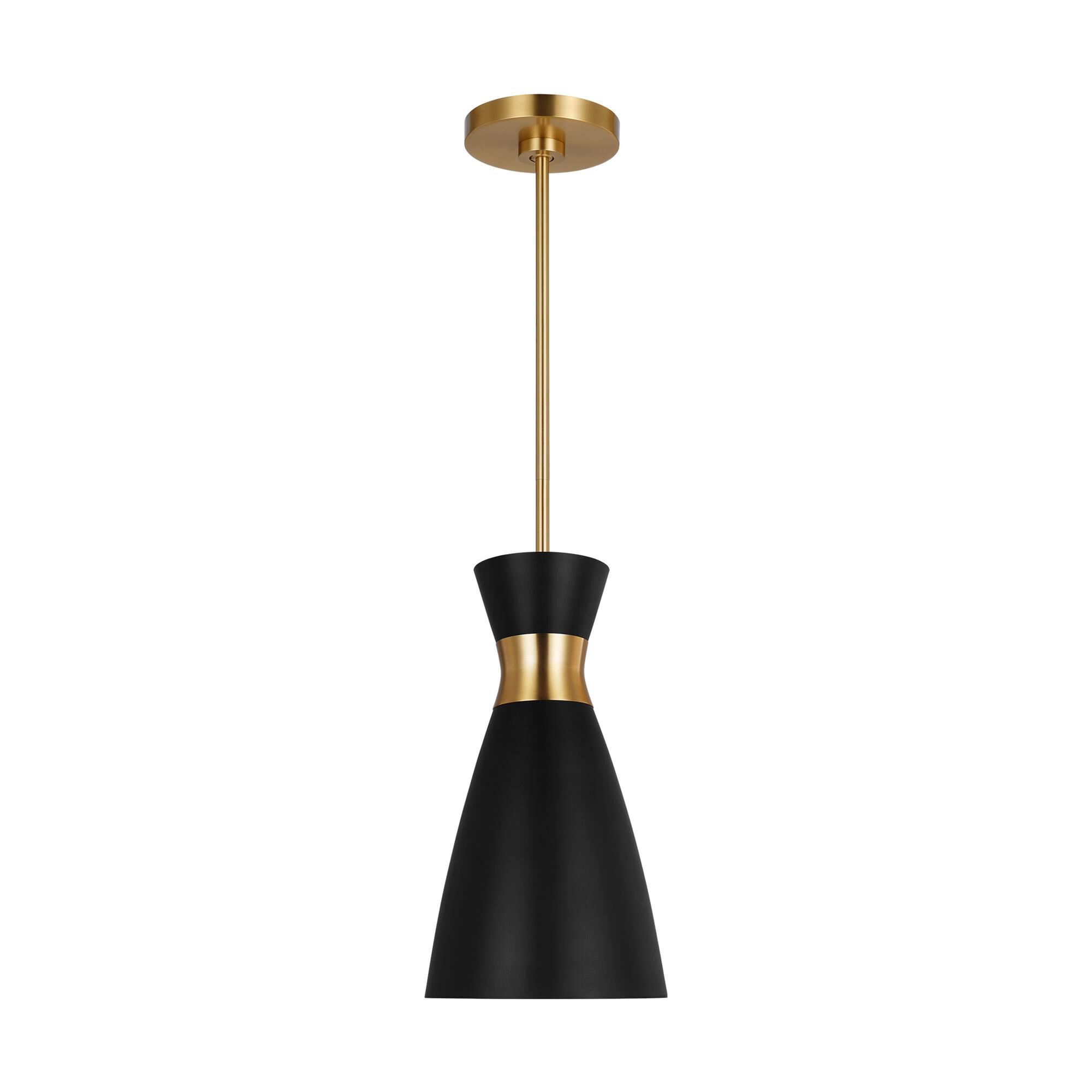 Shown in Midnight Black And Burnished Brass finish and Matte White Steel shade