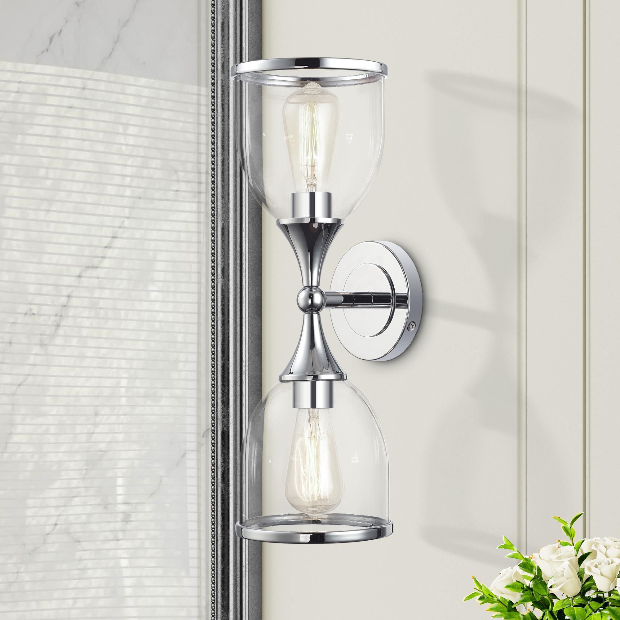 Shown in Polished Chrome finish and Mouth Blown Clear glass
