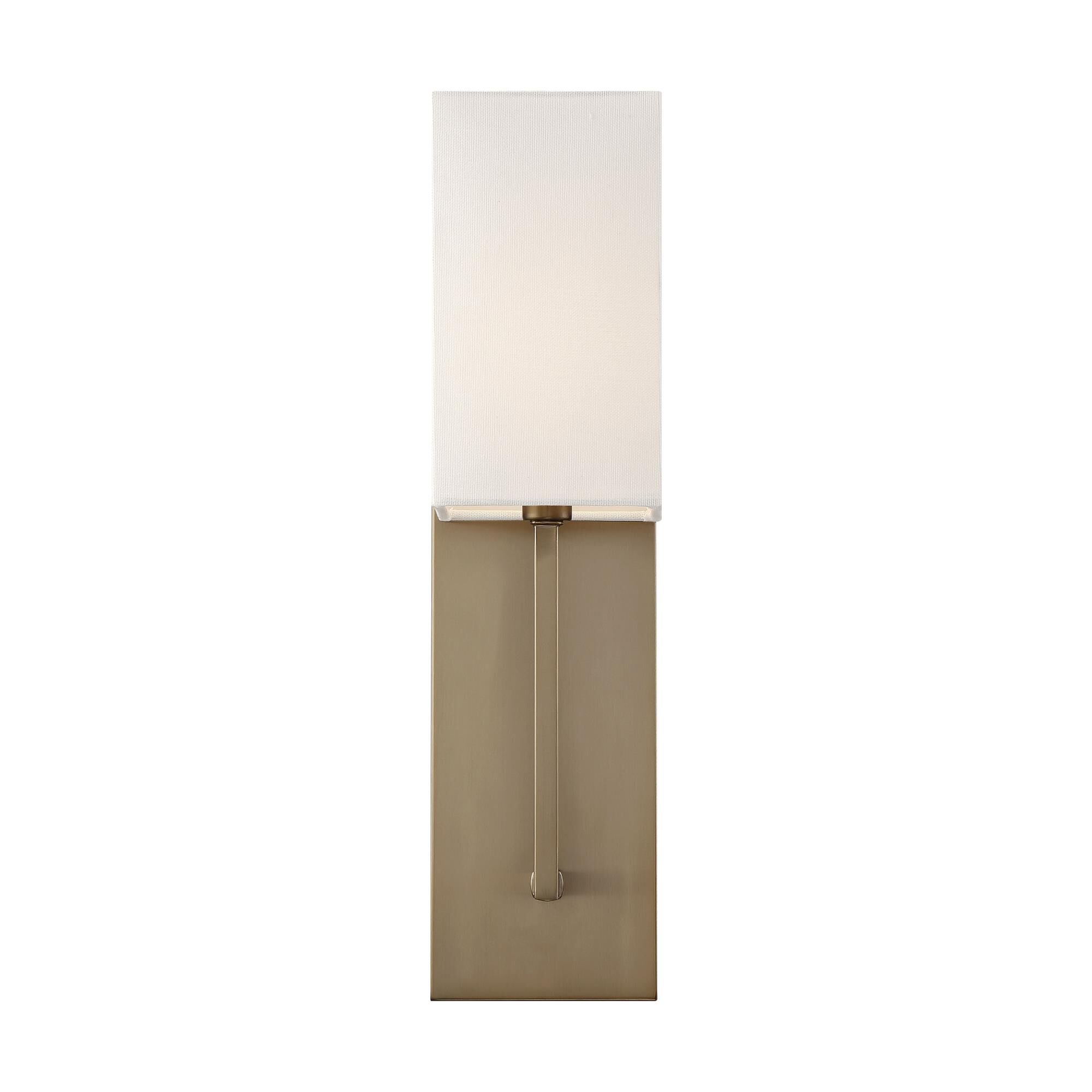 Shown in Burnished Brass finish and White Linen shade
