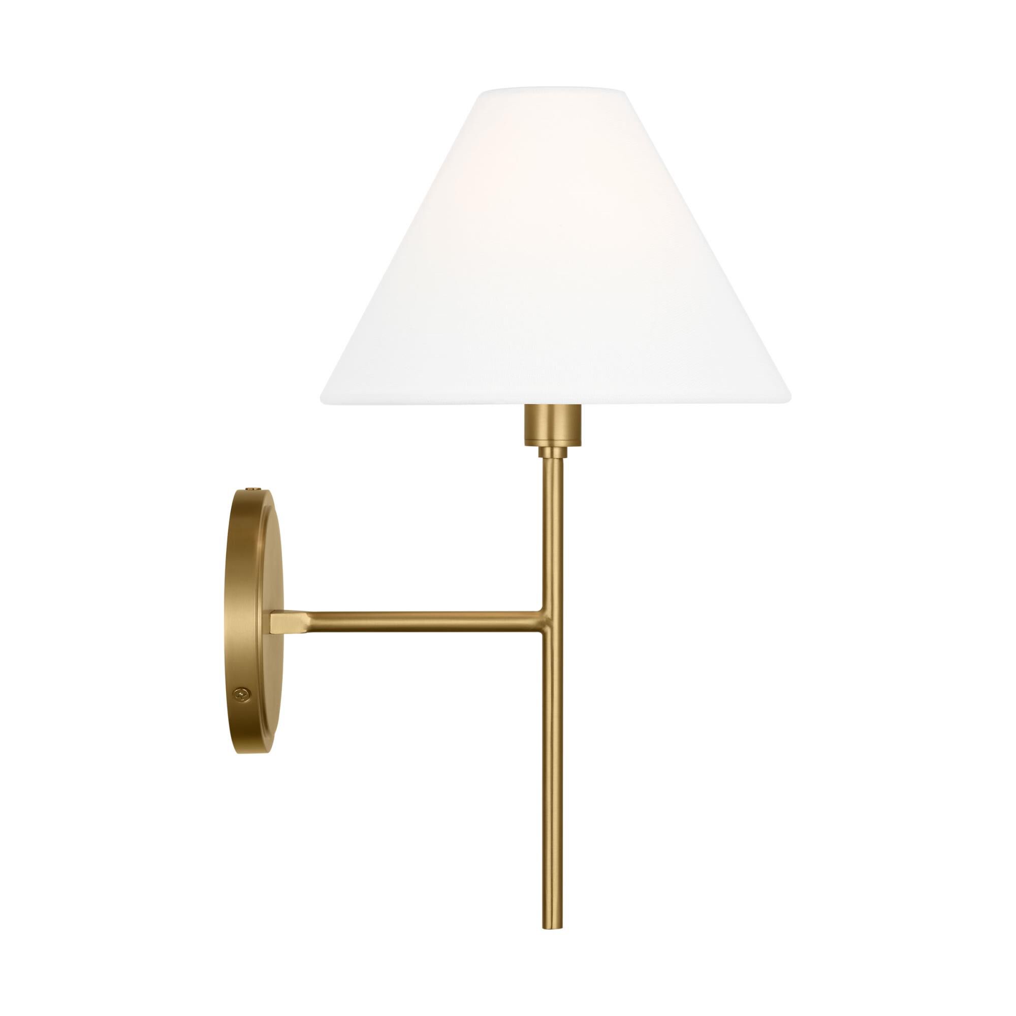 Shown in Burnished Brass finish and White Linen shade