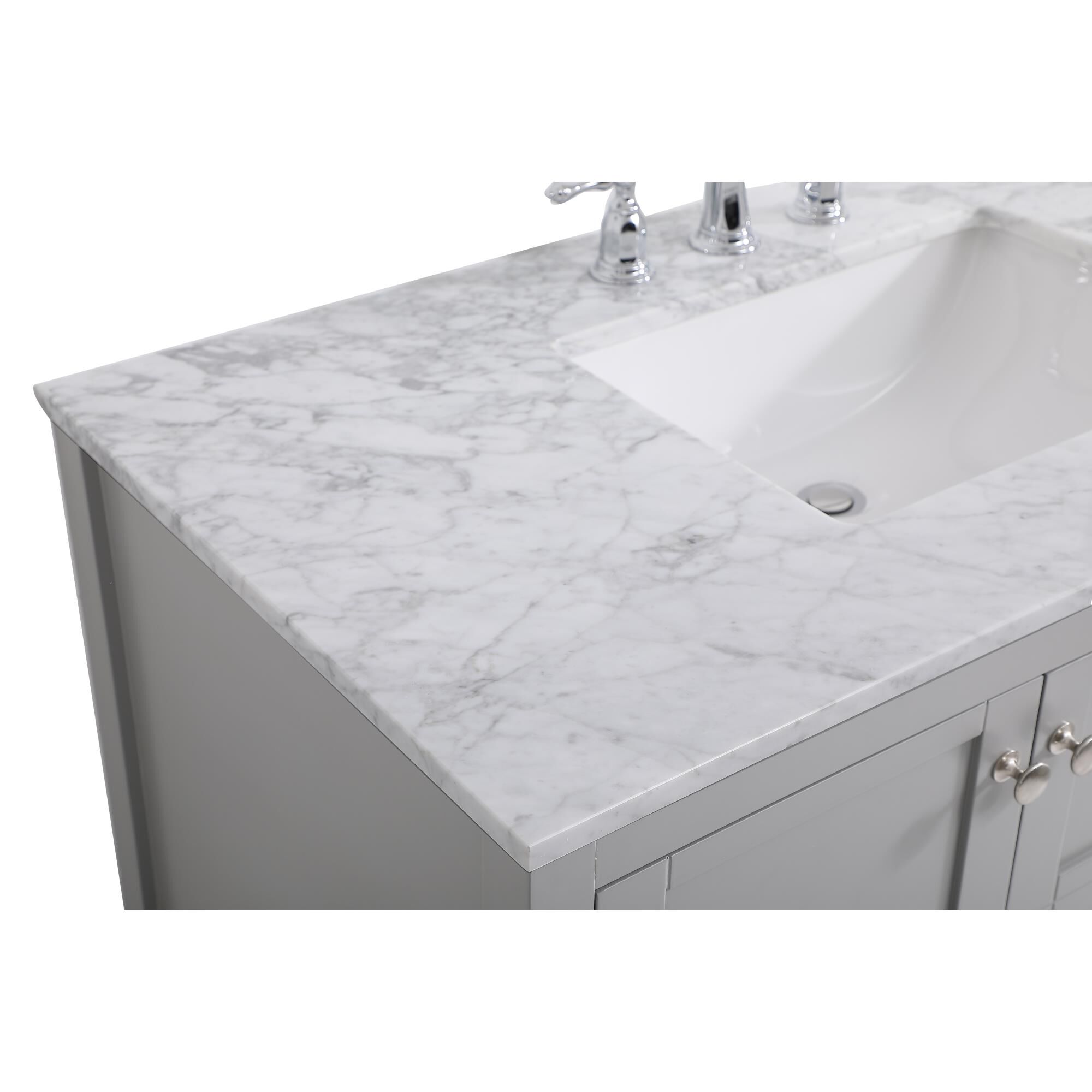 Shown in Gray And Brushed Nickel With Carrara White Marble finish