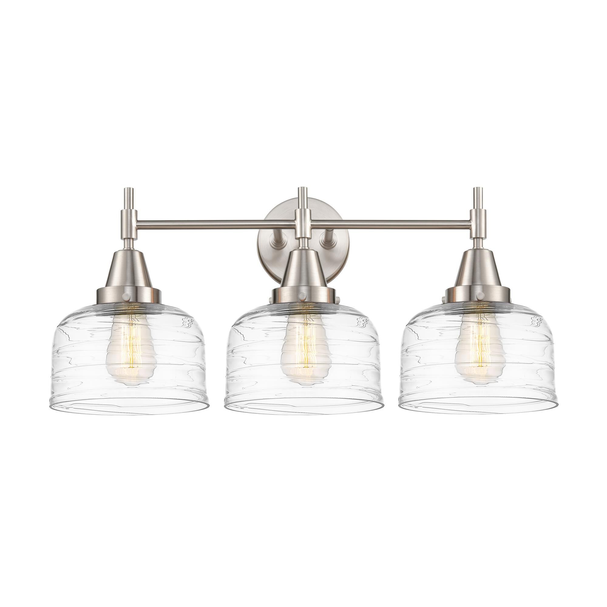 Shown in Satin Nickel finish and Clear Deco Swirl Large Bell glass