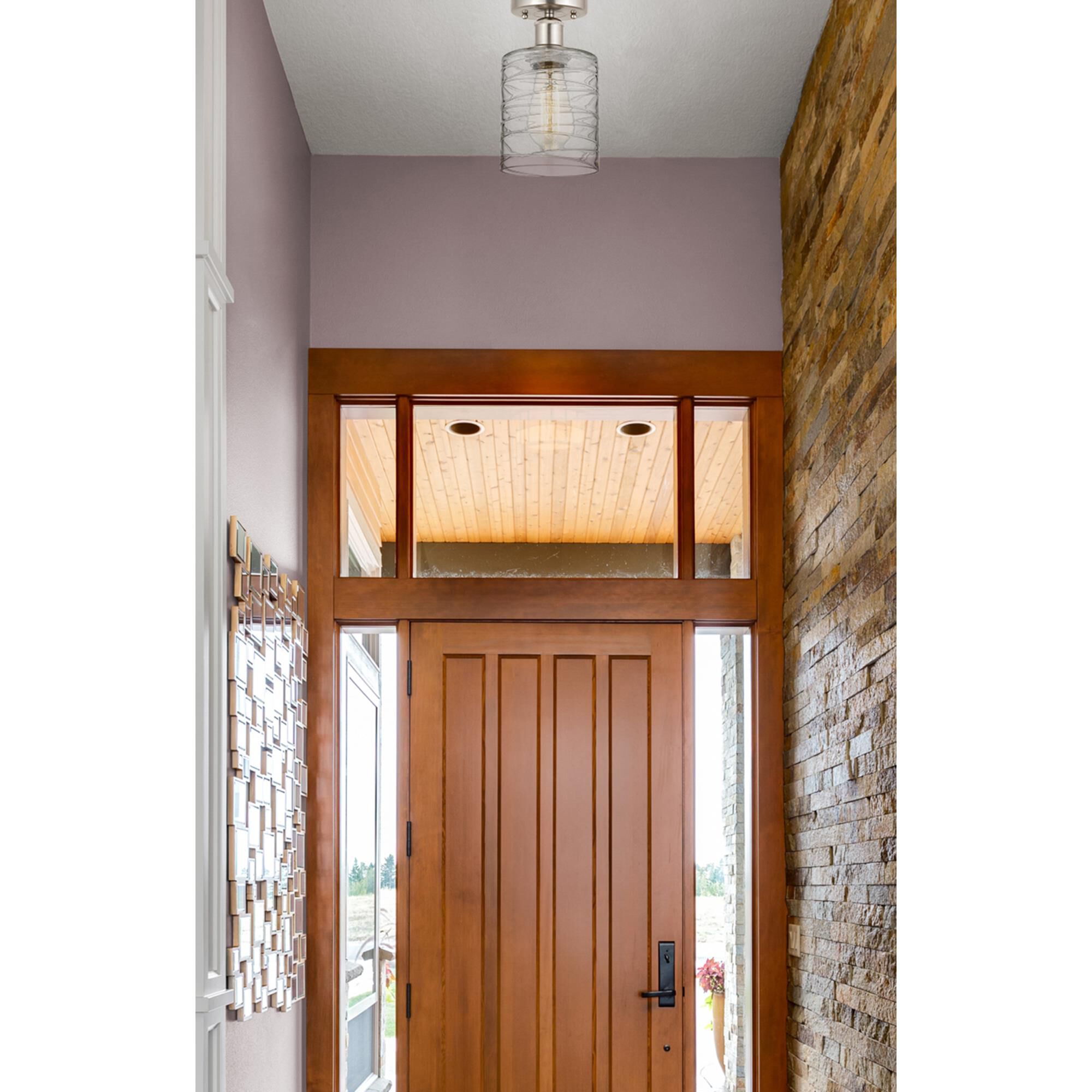 Shown in Brushed Satin Nickel finish and Deco Swirl glass