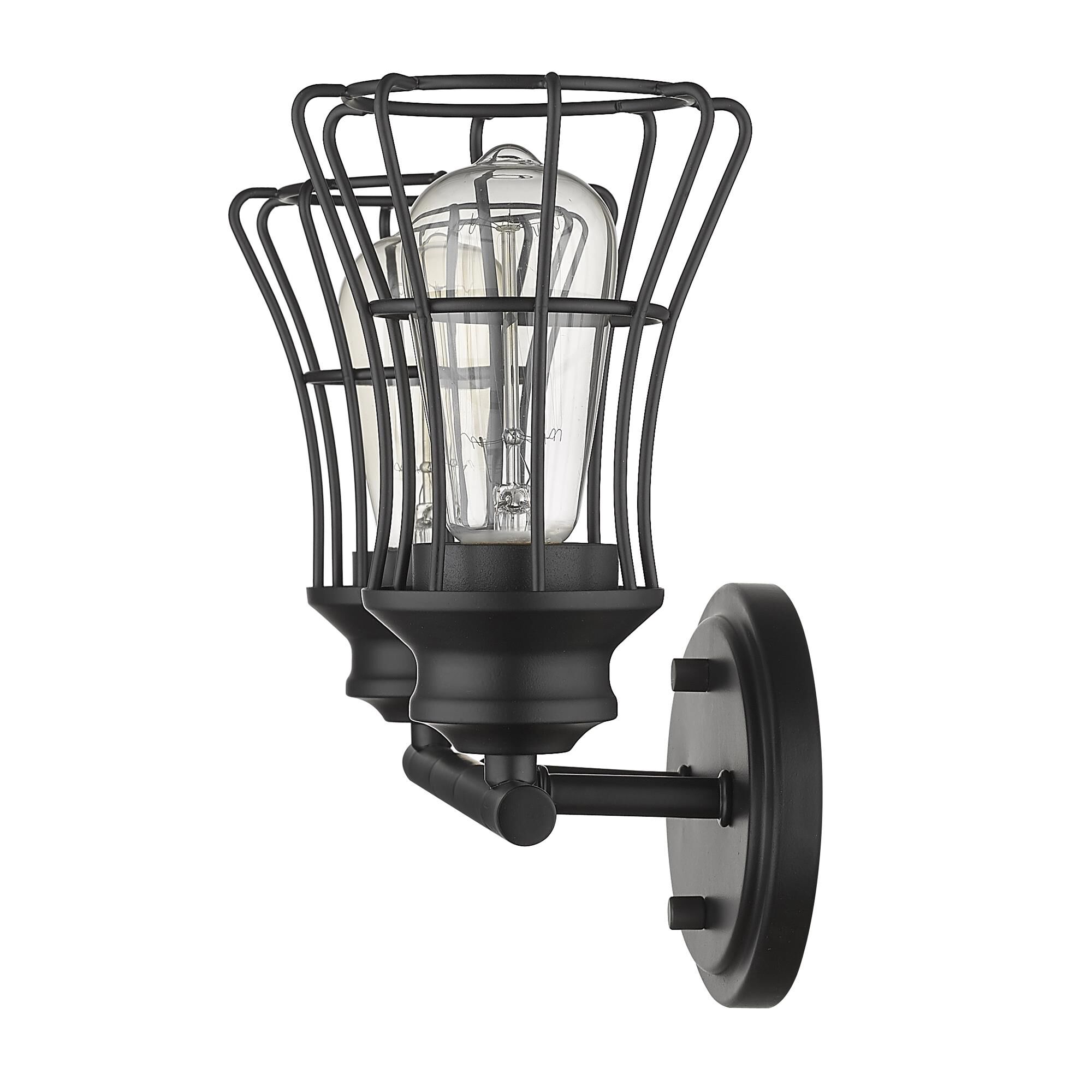 Shown in Matte Black finish and Matte Black glass and Matte Black, Geometric Metal Cage s shade