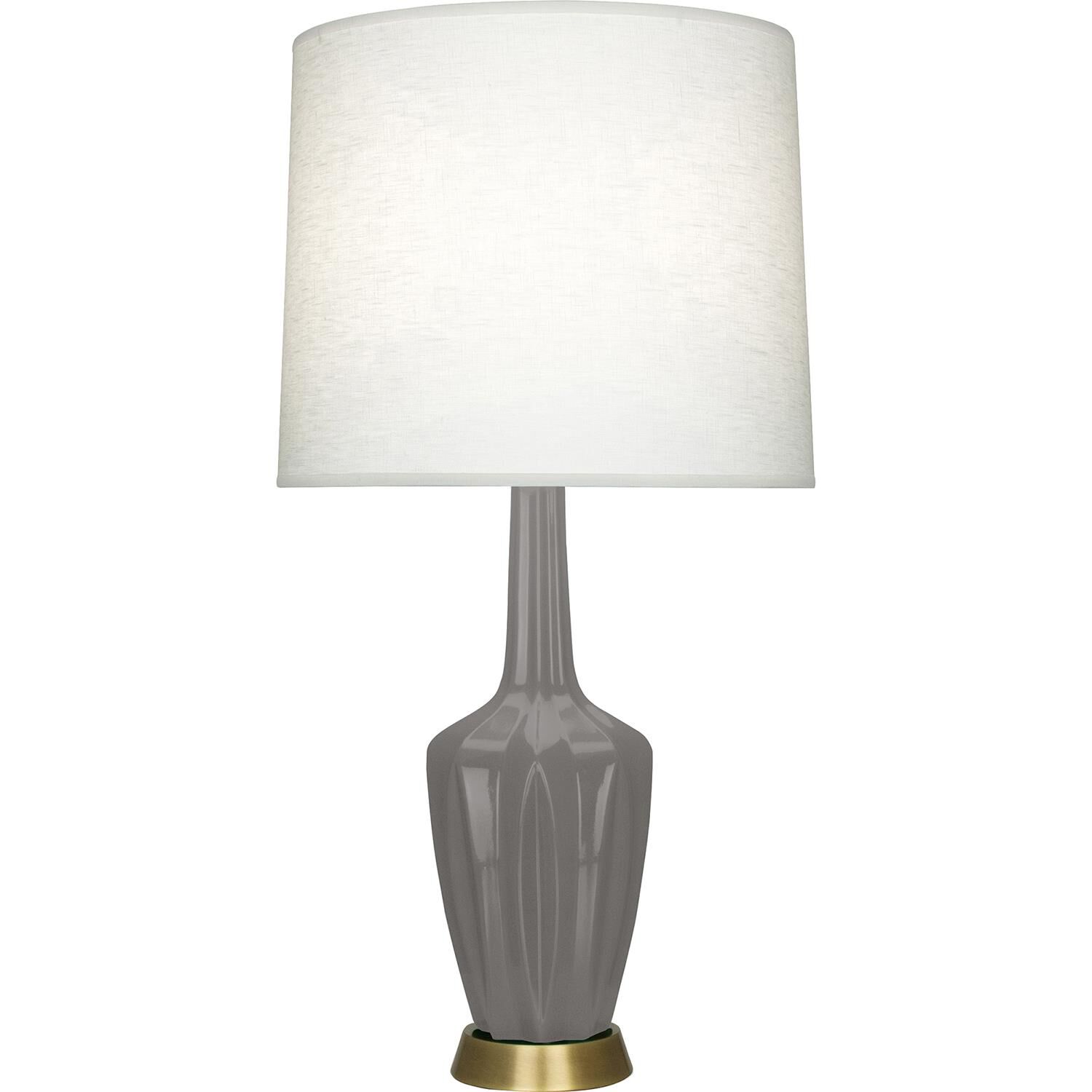Shown in Smokey Taupe finish and Off White shade and Warm Brass accent