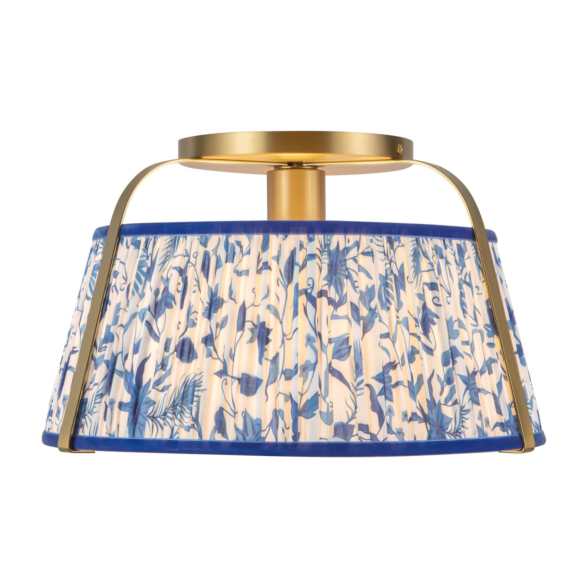 Shown in Brushed Gold finish and Frosted Polycarbonate Diffuser glass and Blue Linen shade