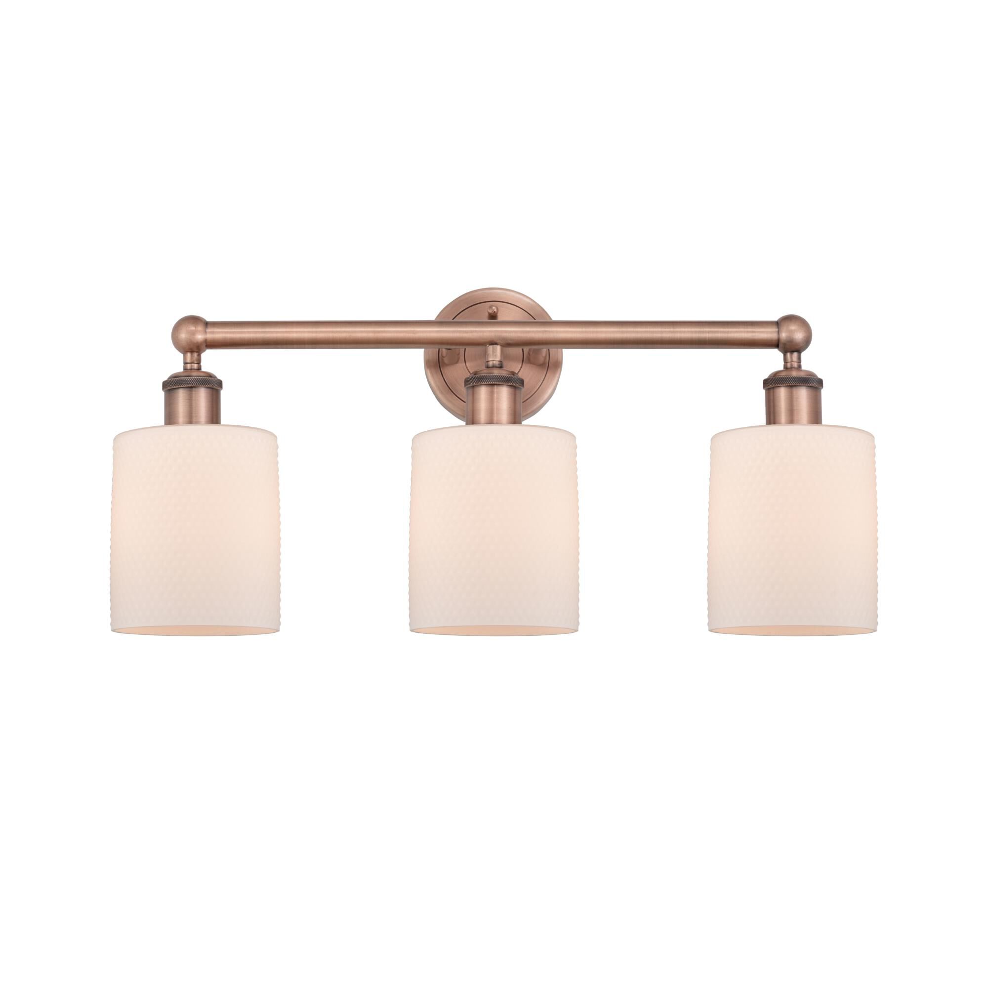 Shown in Antique Copper finish and Matte White glass