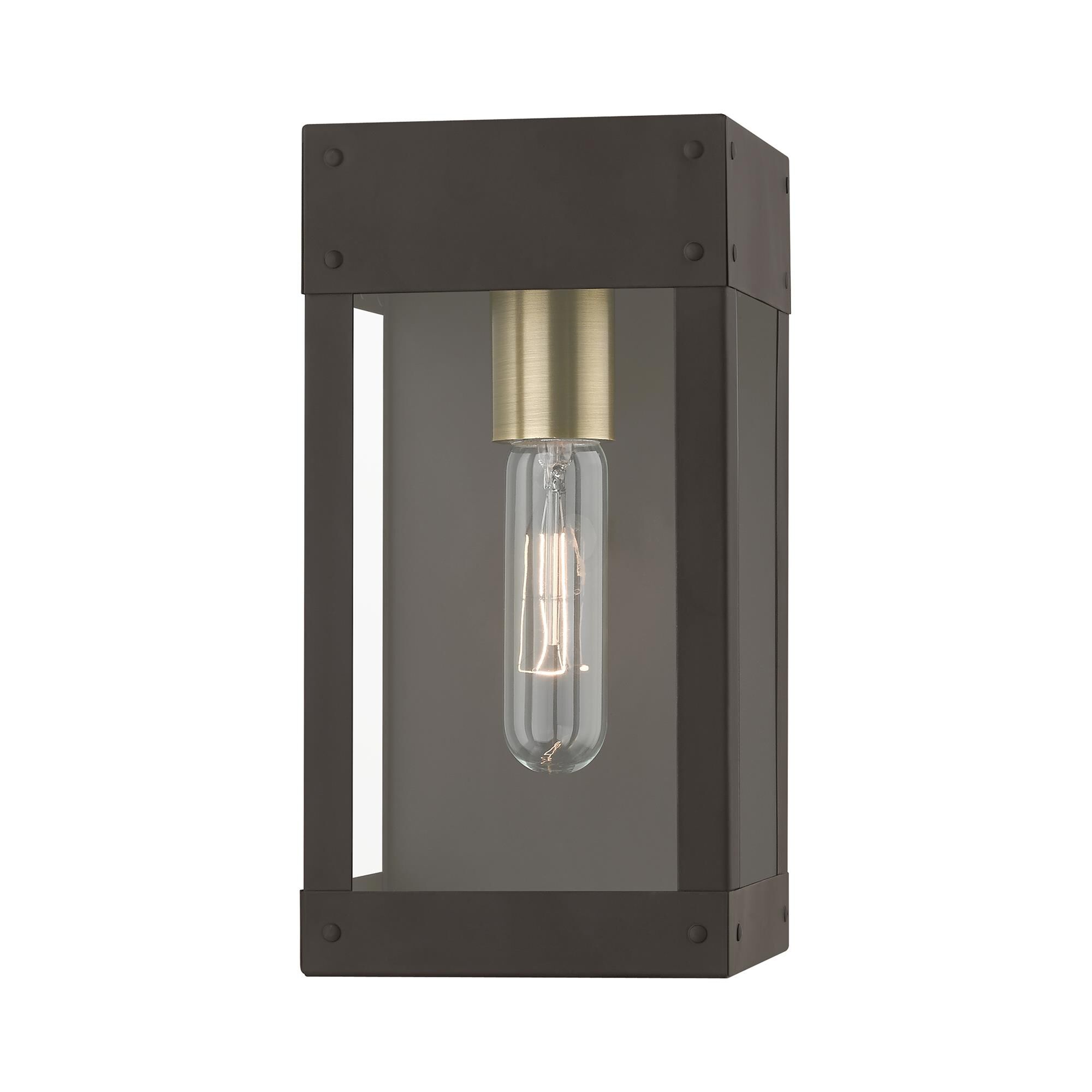 Shown in Bronze with Antique Brass Candle finish and Clear glass