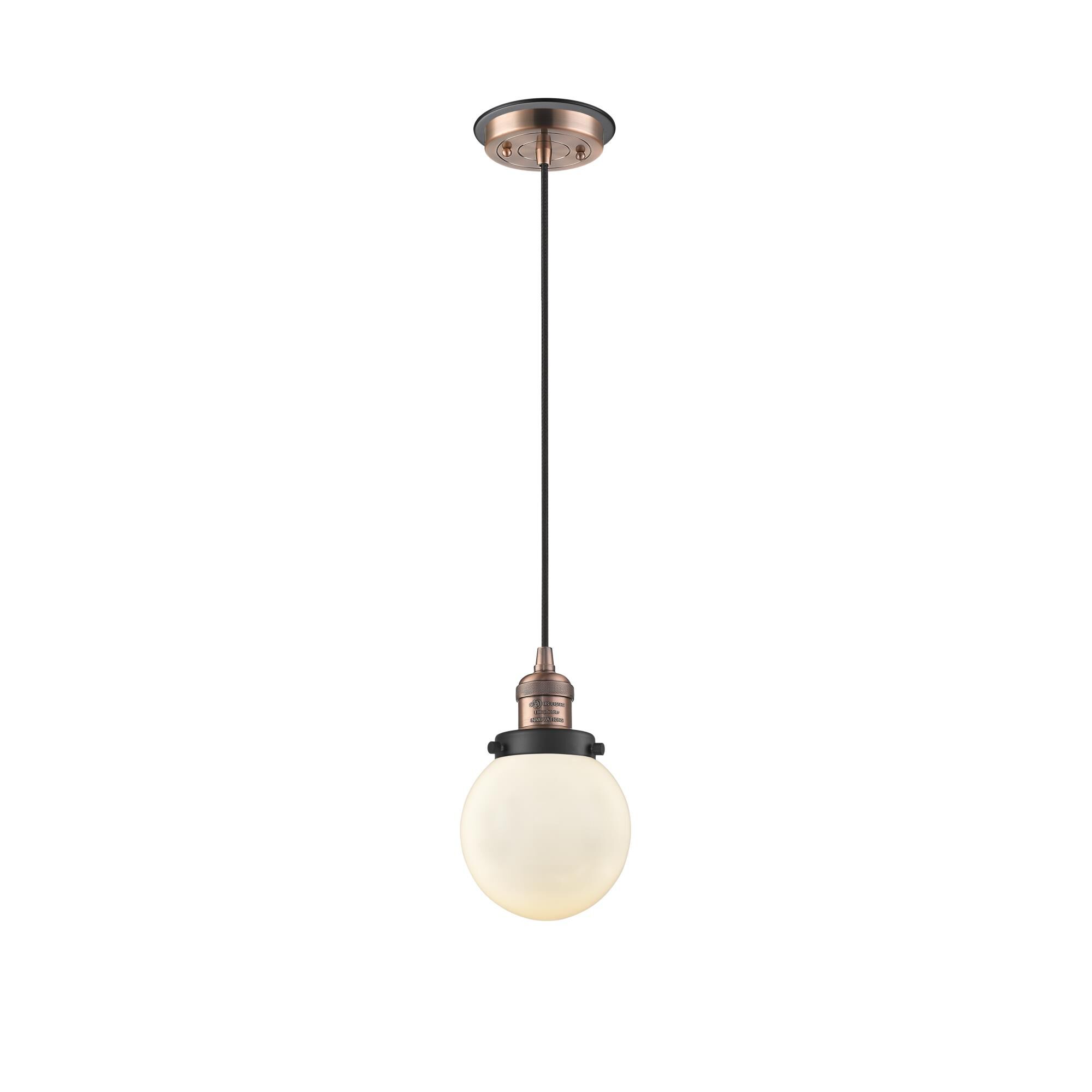 Shown in Antique Copper finish and Matte White Cased Beacon glass and Matte Black accent
