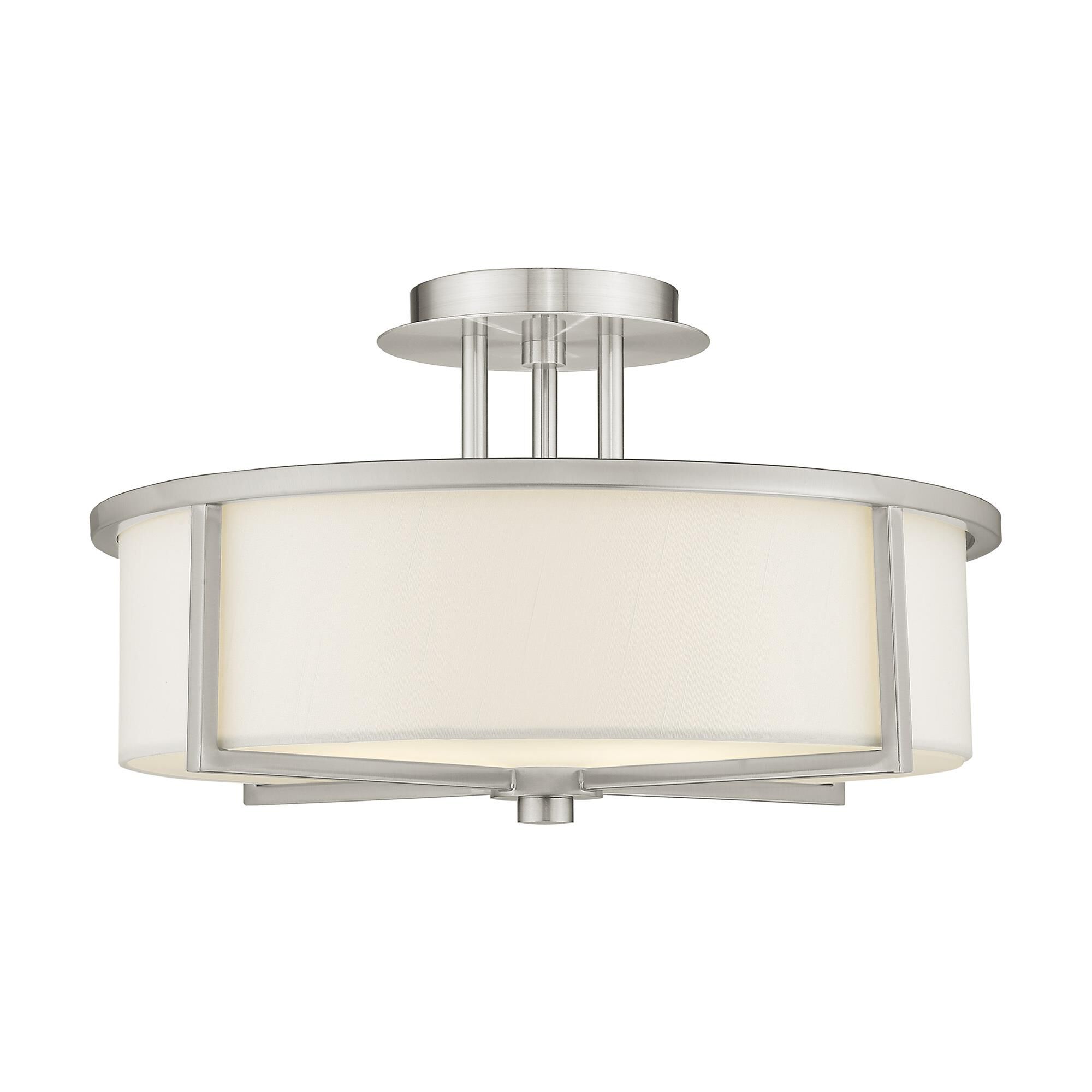 Shown in Brushed Nickel finish and Hand Crafted Off-White Fabric Hardback shade