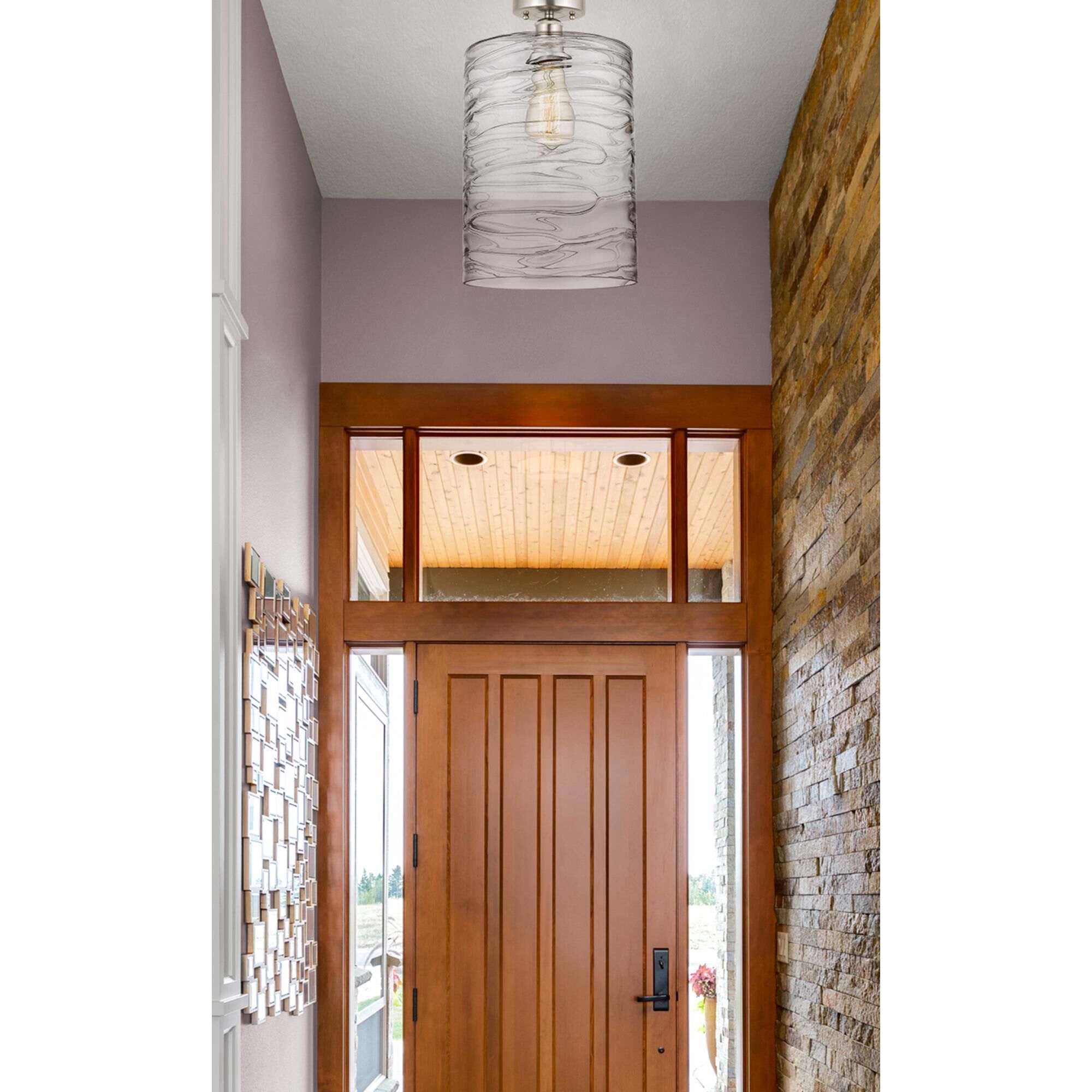 Shown in Brushed Satin Nickel finish and Deco Swirl glass