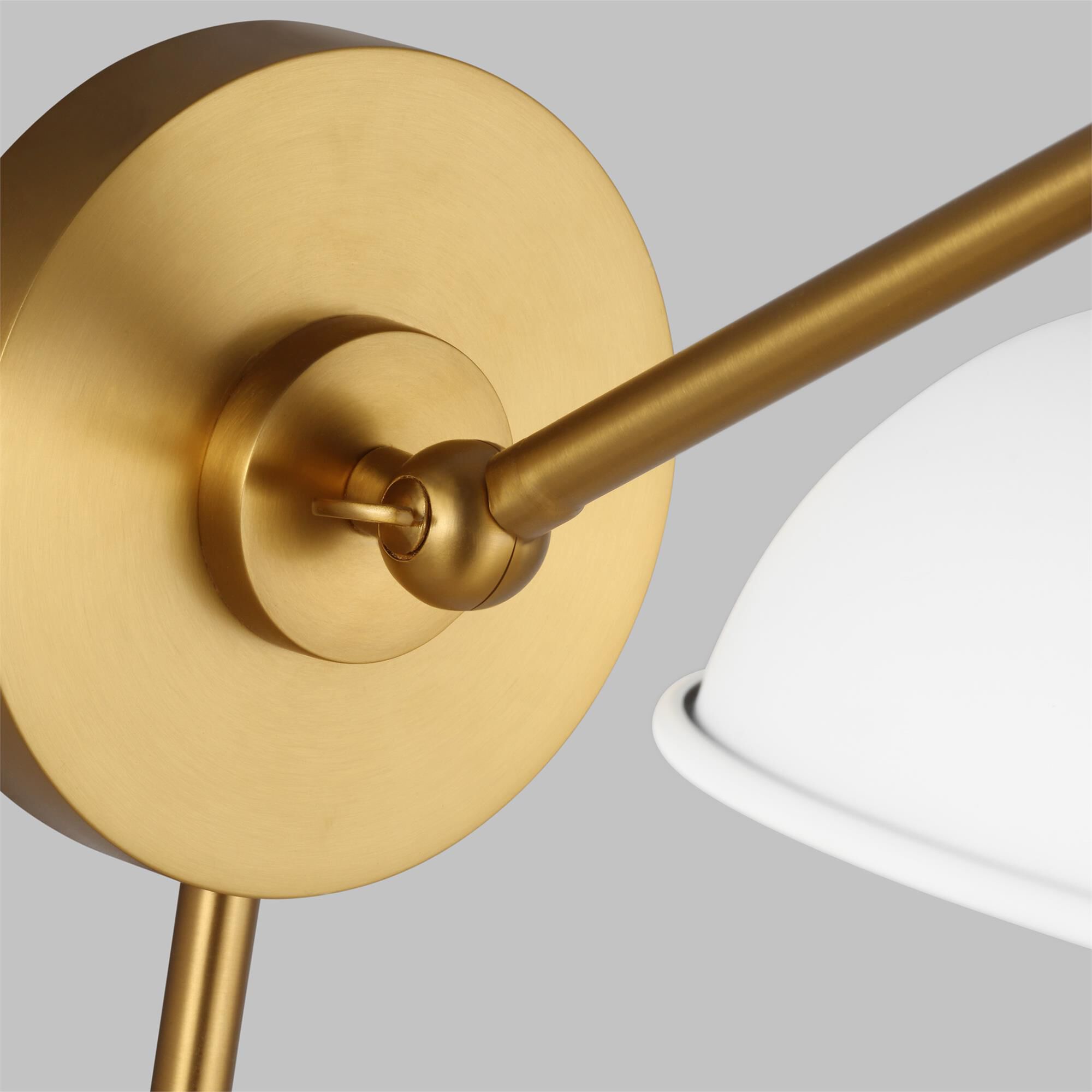 Shown in Matte White And Burnished Brass finish and Matte White Steel shade