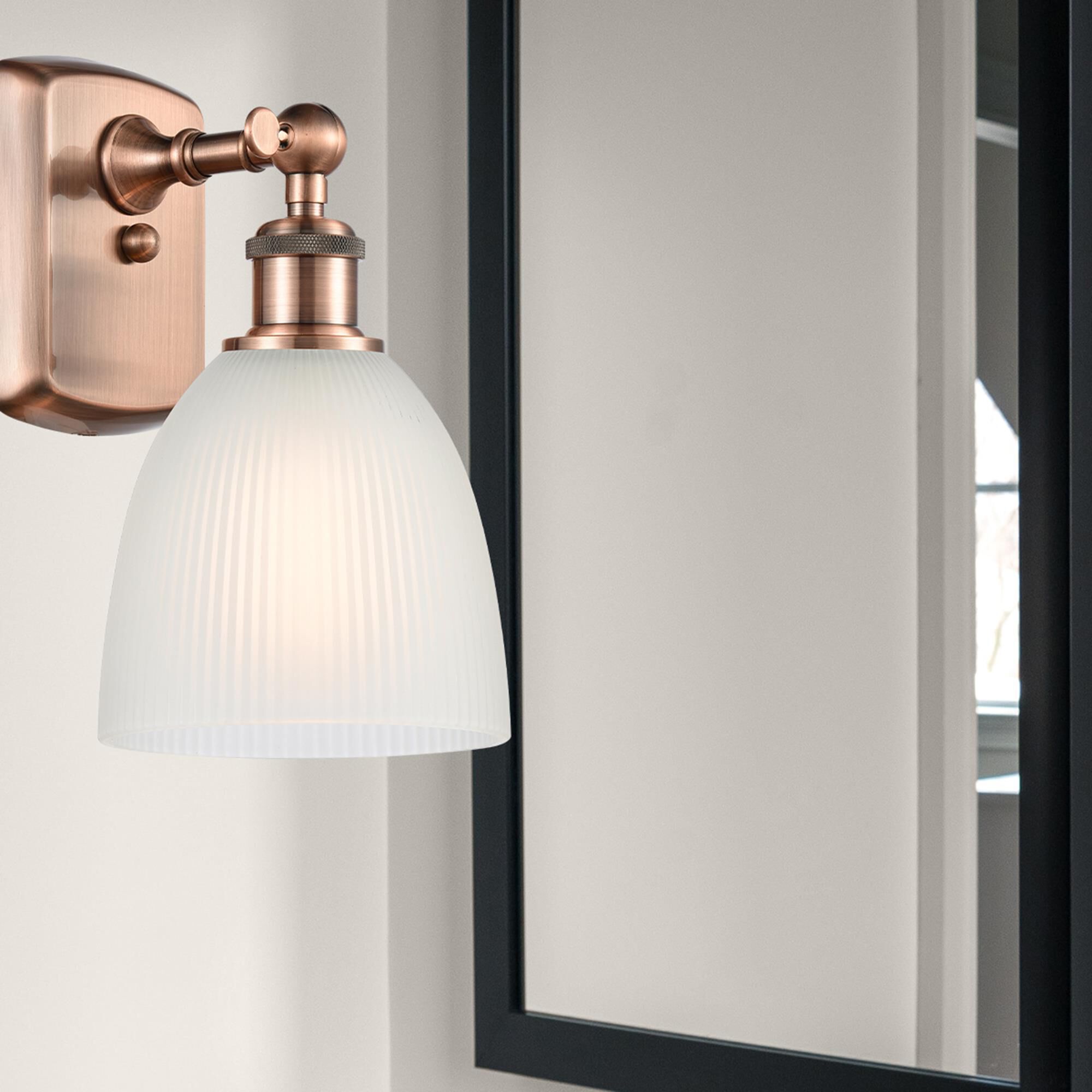 Shown in Antique Copper finish and White Castile glass and Polished Chrome accent