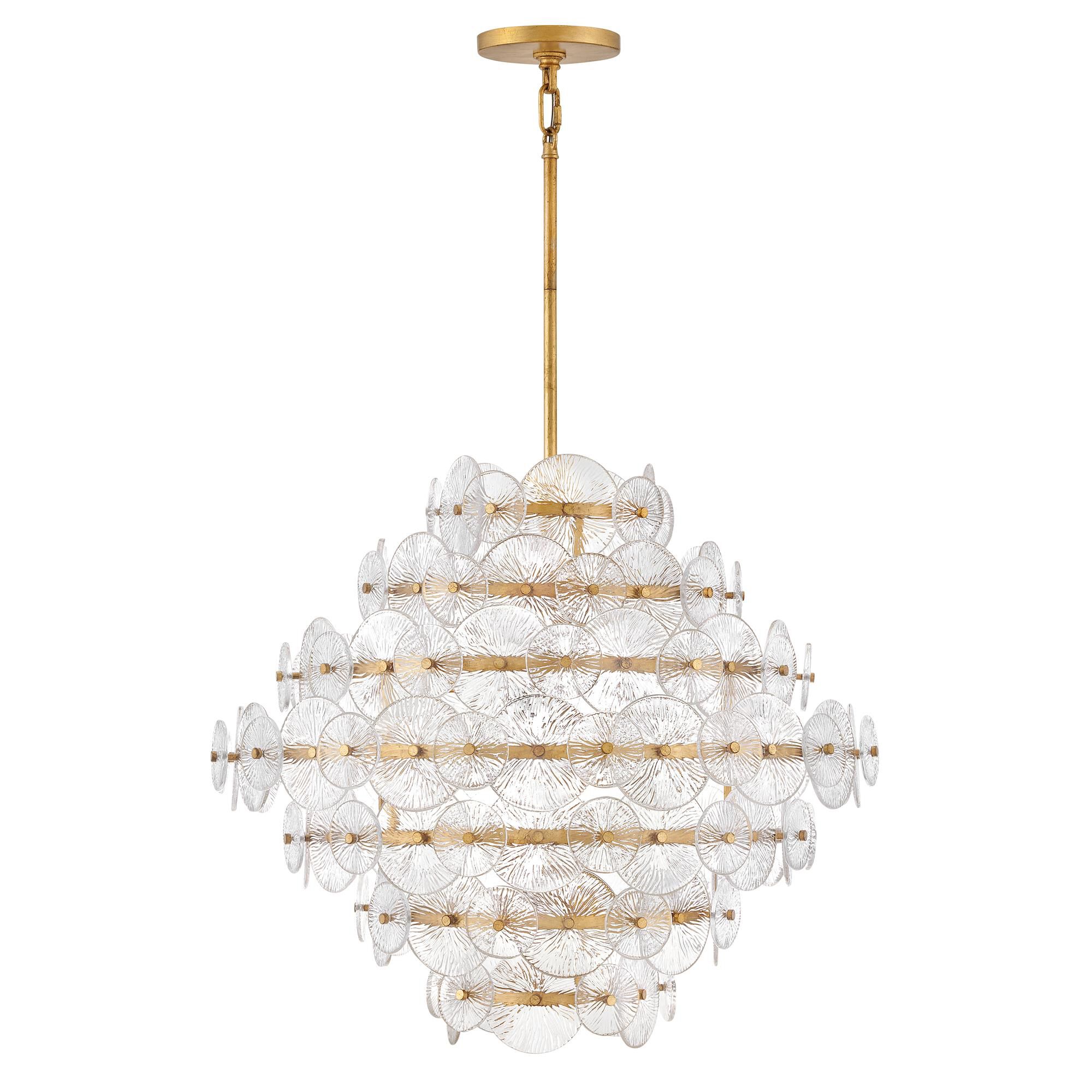 Shown in Distressed Brass finish and Clear Pressed glass