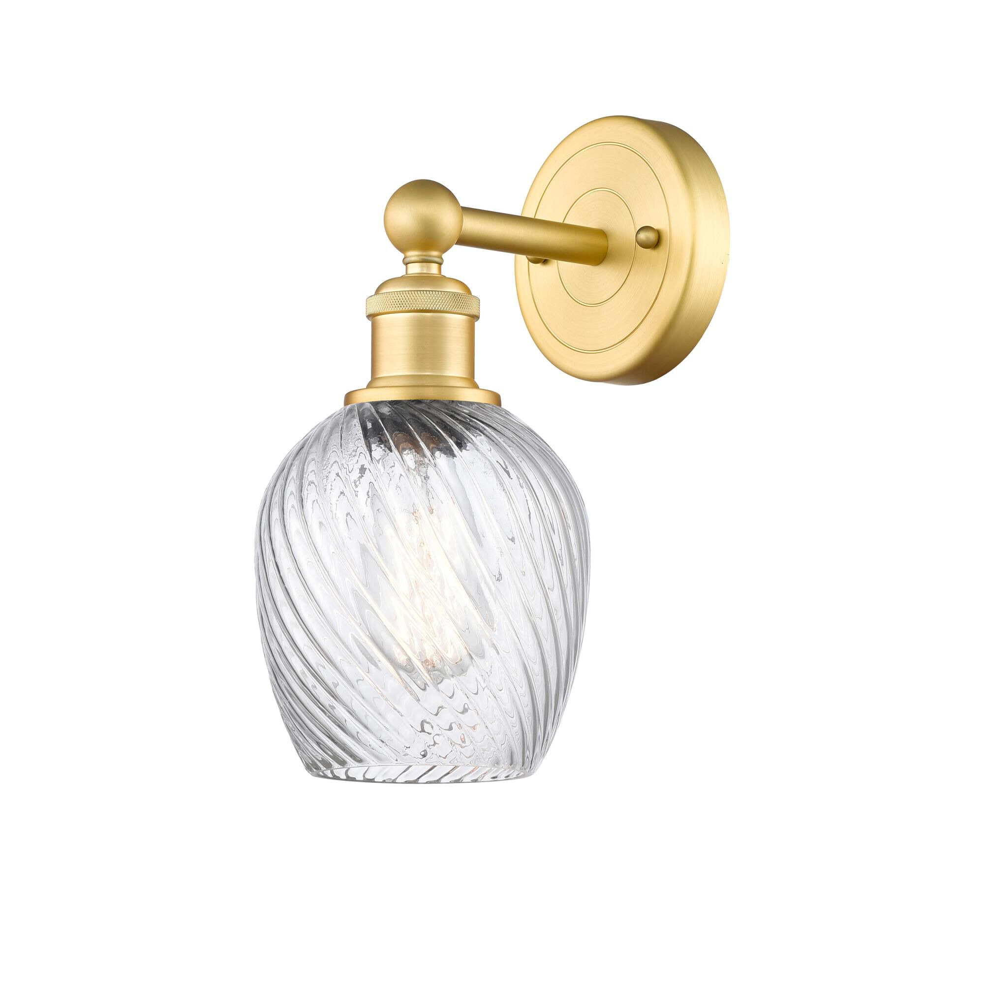 Shown in Satin Gold finish and Clear Spiral Fluted glass