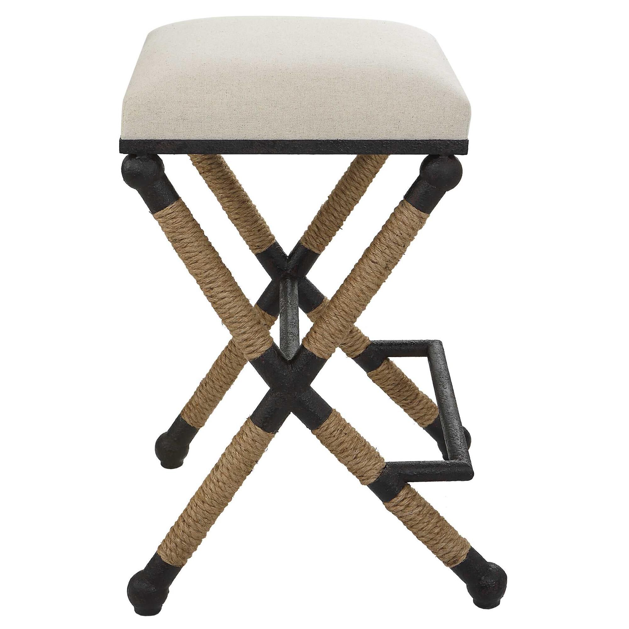 Shown in Rustic Iron Frame With A Nautical Touch, Wrapped In Natural Fiber Rope Accents. Cushioned Top Is A S finish