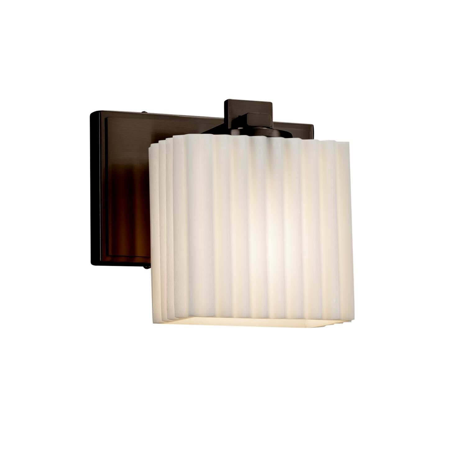 Shown in Dark Bronze finish and Faux Porcelain Resin glass and Pleats shade and Rectangle accent