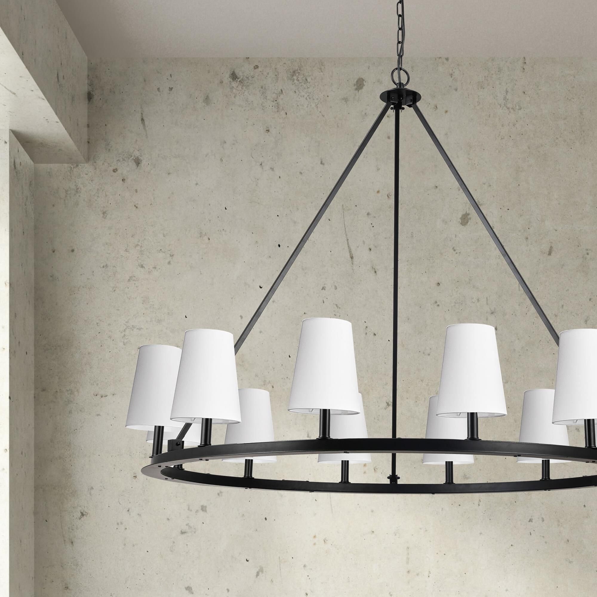 Shown in Matte Black and White finish and White Fabric Tapered Drum shade