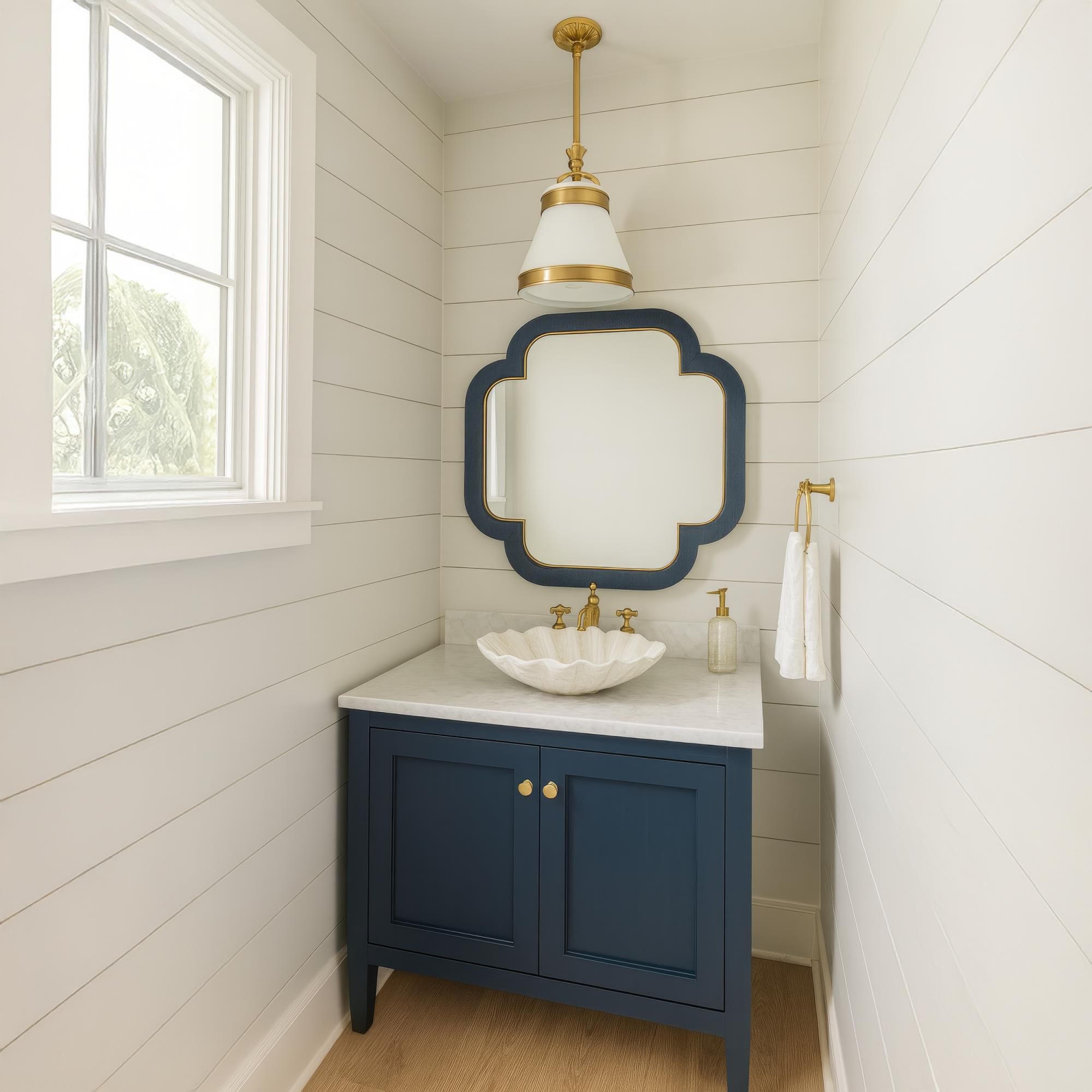 Shown in White and Brass finish and White shade