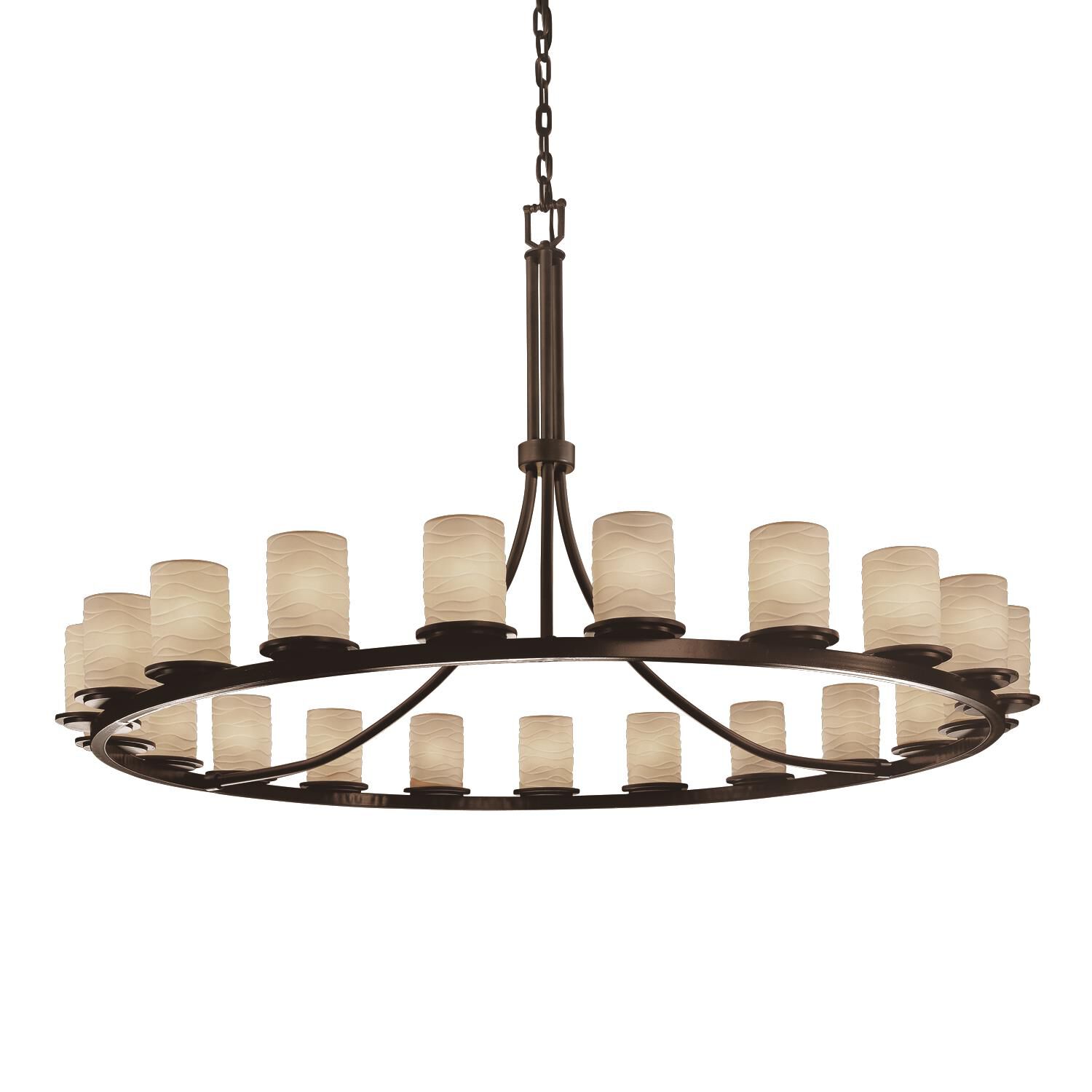 Shown in Dark Bronze finish and Translucent Porcelain glass and Waves shade and Cylinder with Flat Rim accent