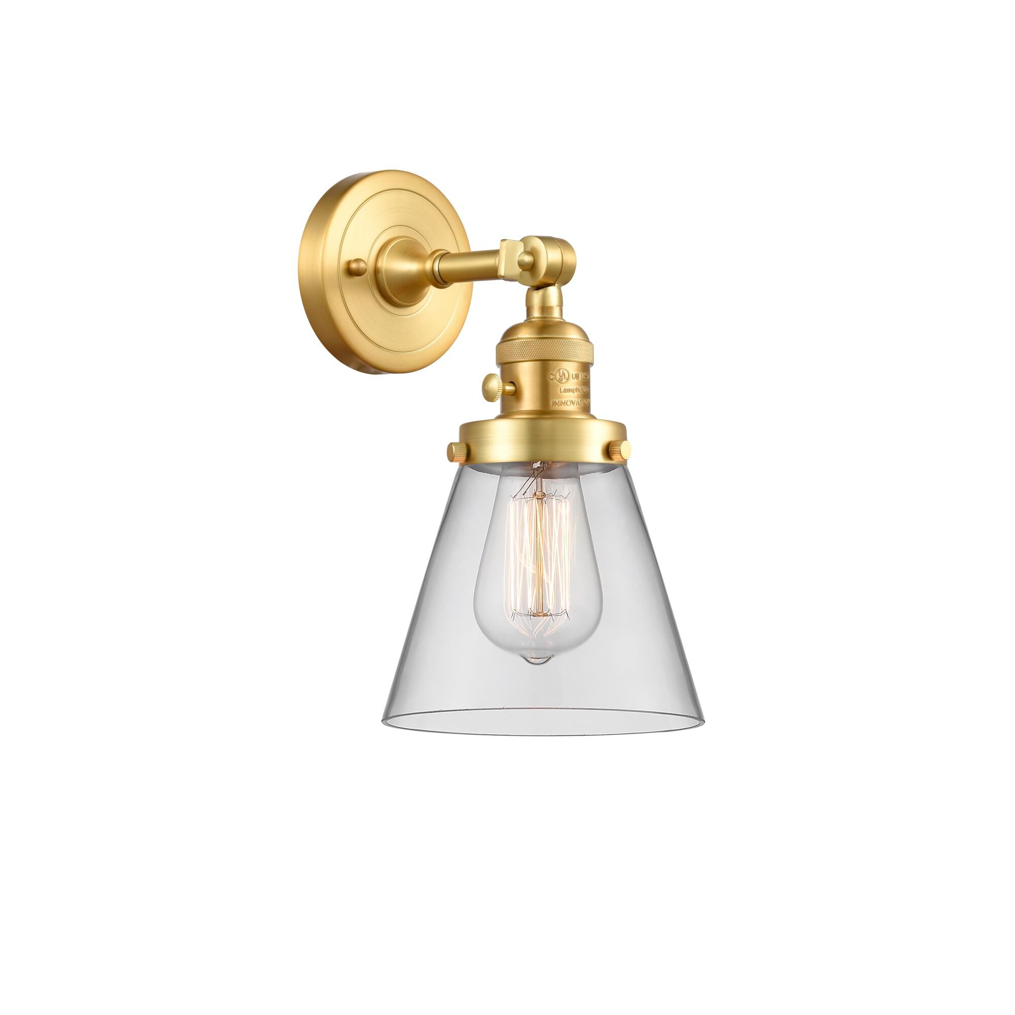 Shown in Satin Gold finish and Clear Small Cone glass