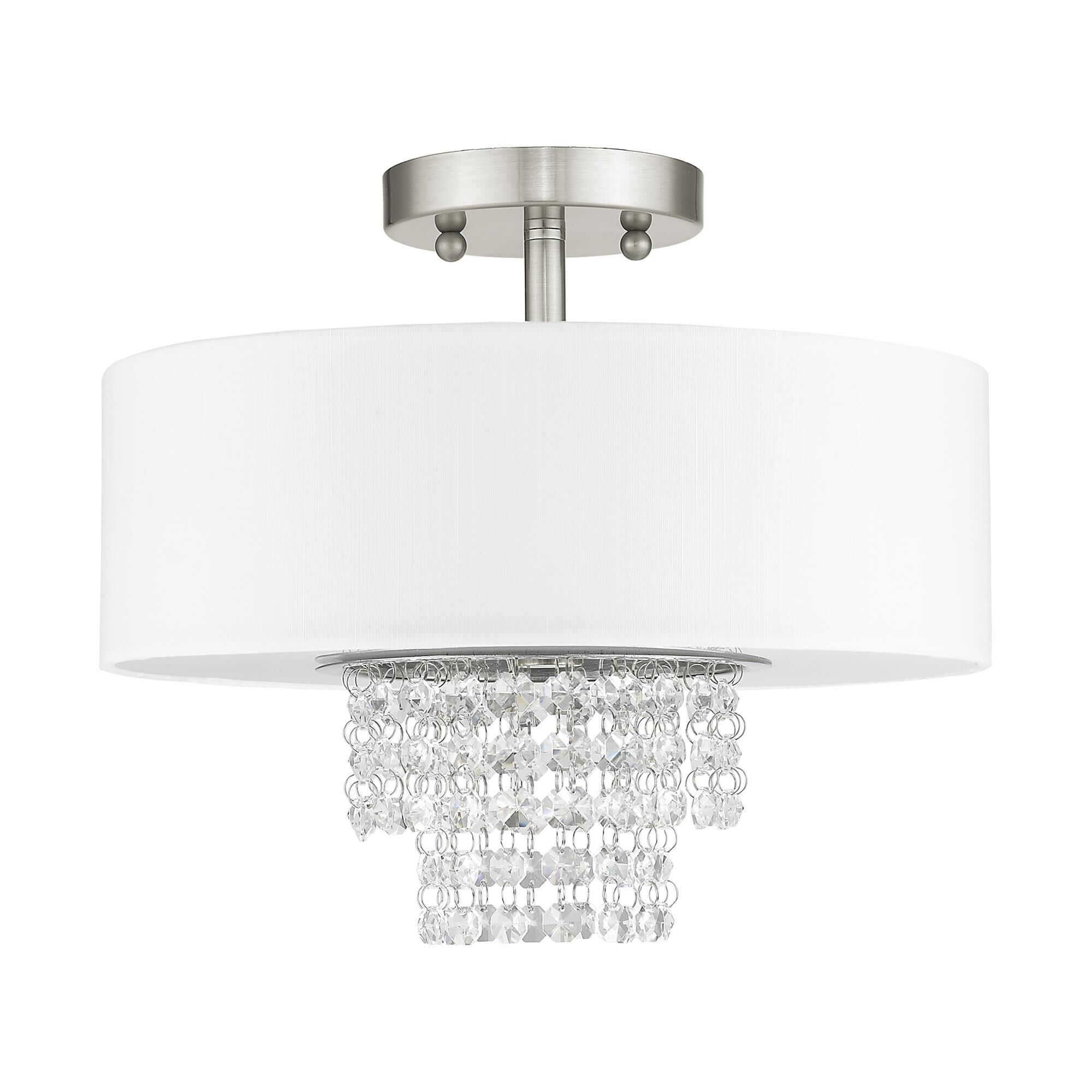 Shown in Brushed Nickel finish and Clear crystal and Off-White Sheer Organza shade