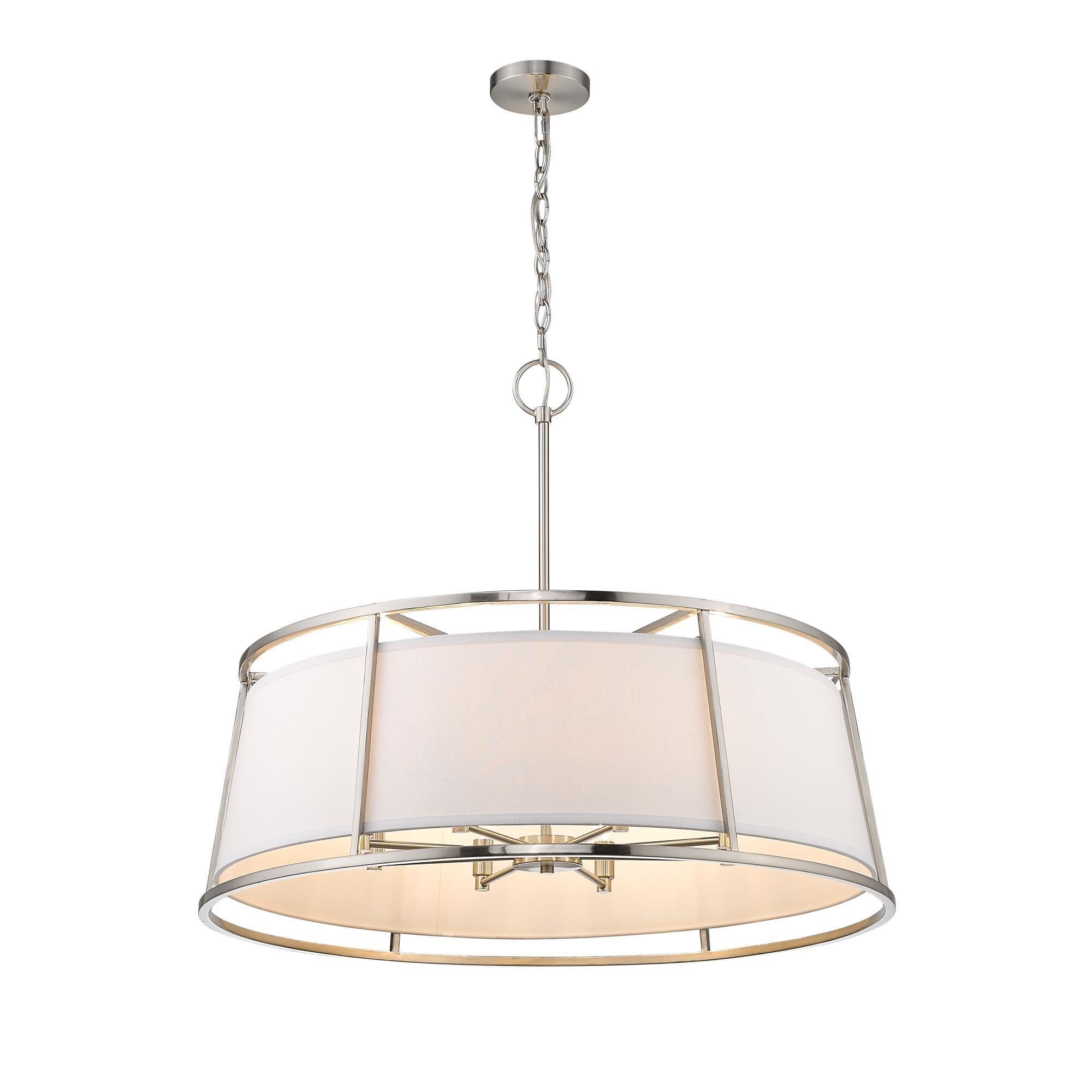 Shown in Brushed Nickel finish and Fabric glass and Fabric shade