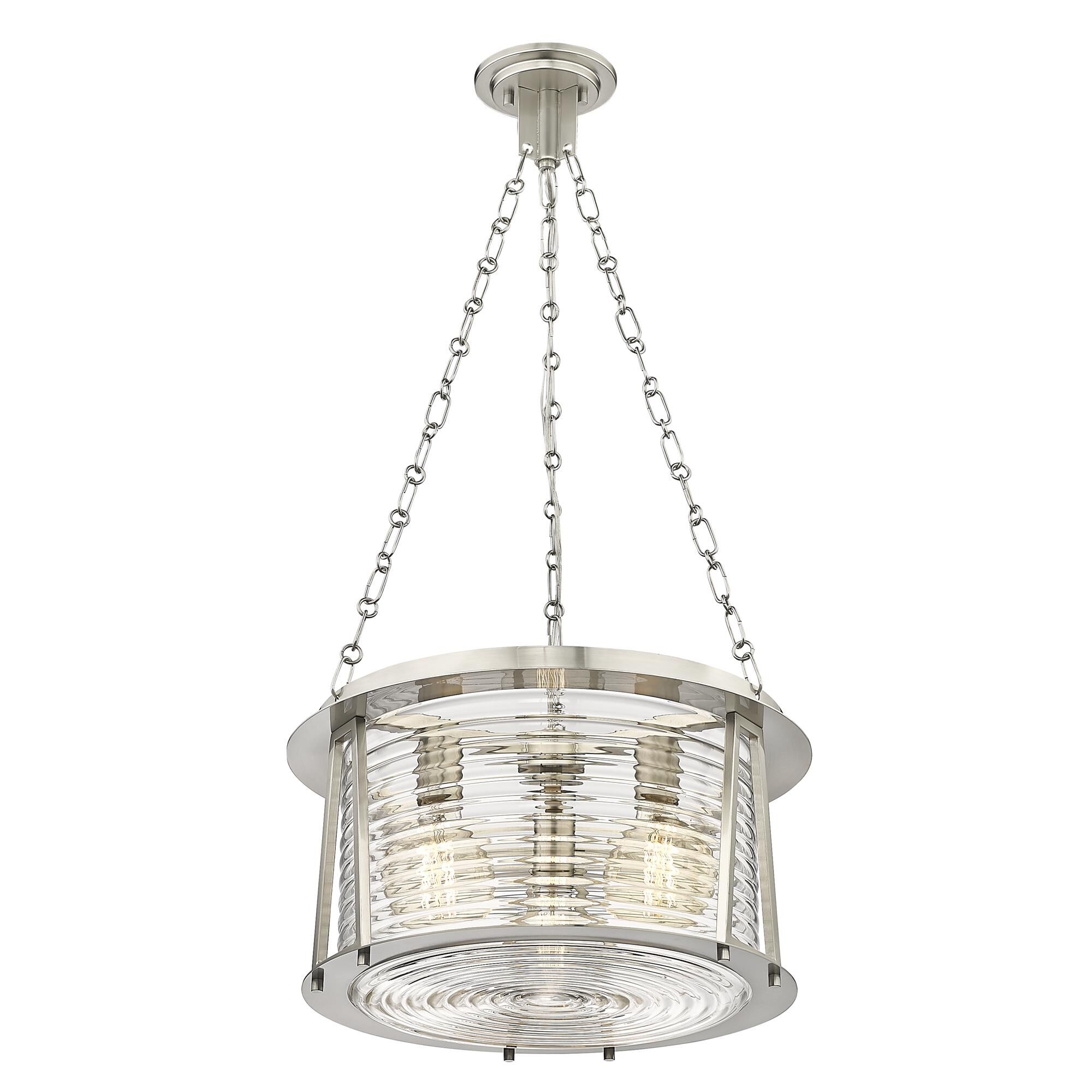 Shown in Brushed Nickel finish and Water Hammered glass
