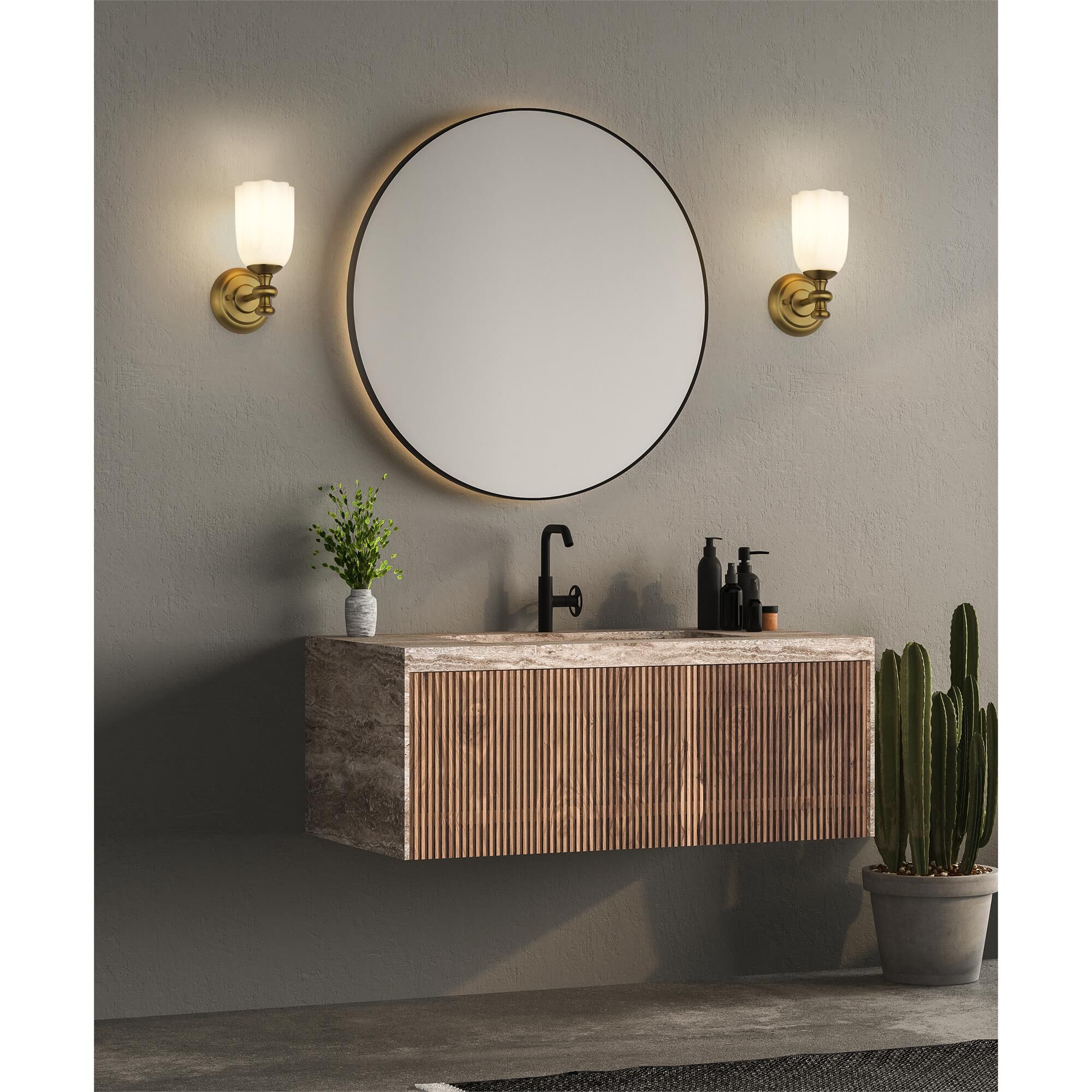 Shown in Modern Gold finish and Opal Etched glass and Opal Etched shade