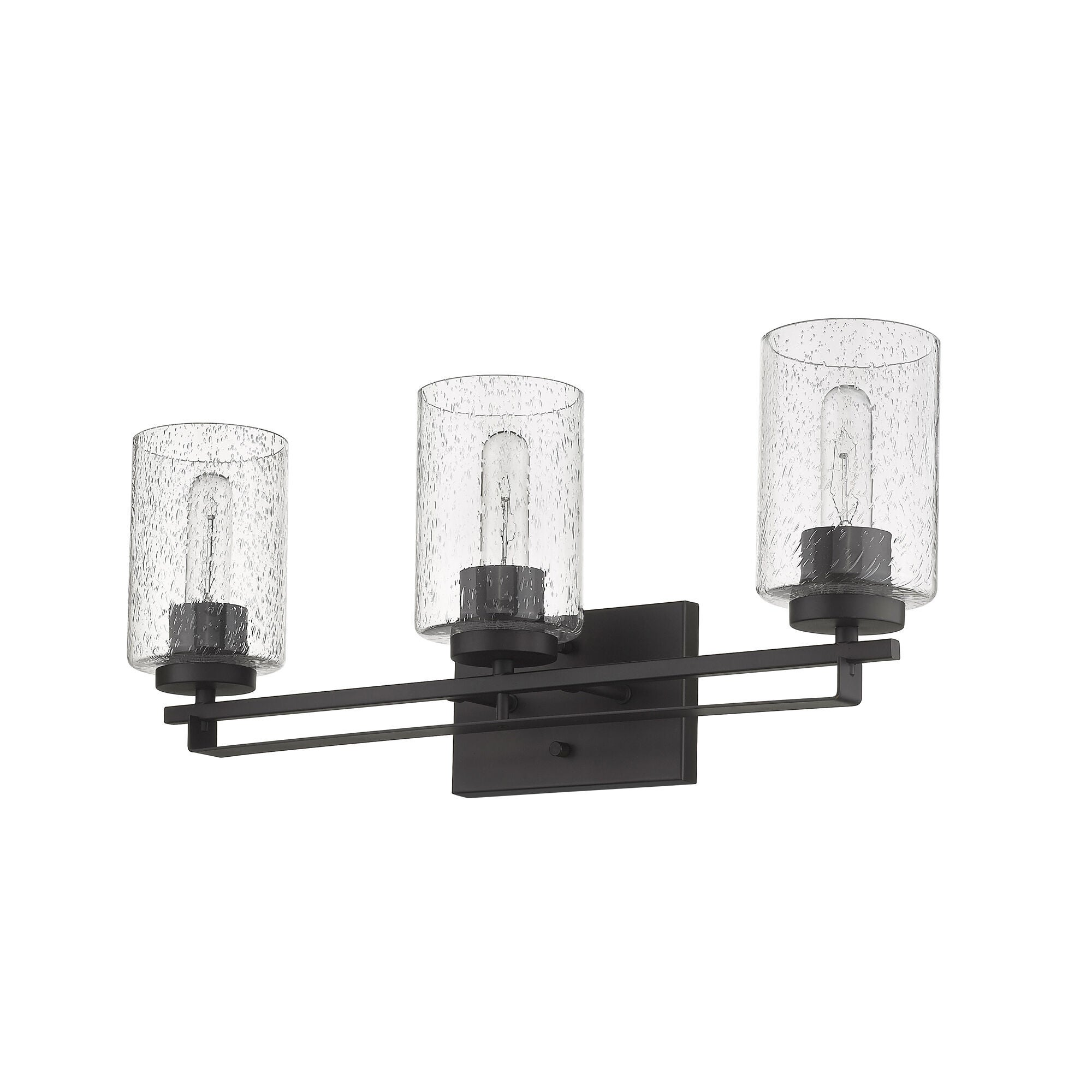 Shown in Oil-Rubbed Bronze finish and Clear glass and Clear, Seeded Cylindrical Glass s shade