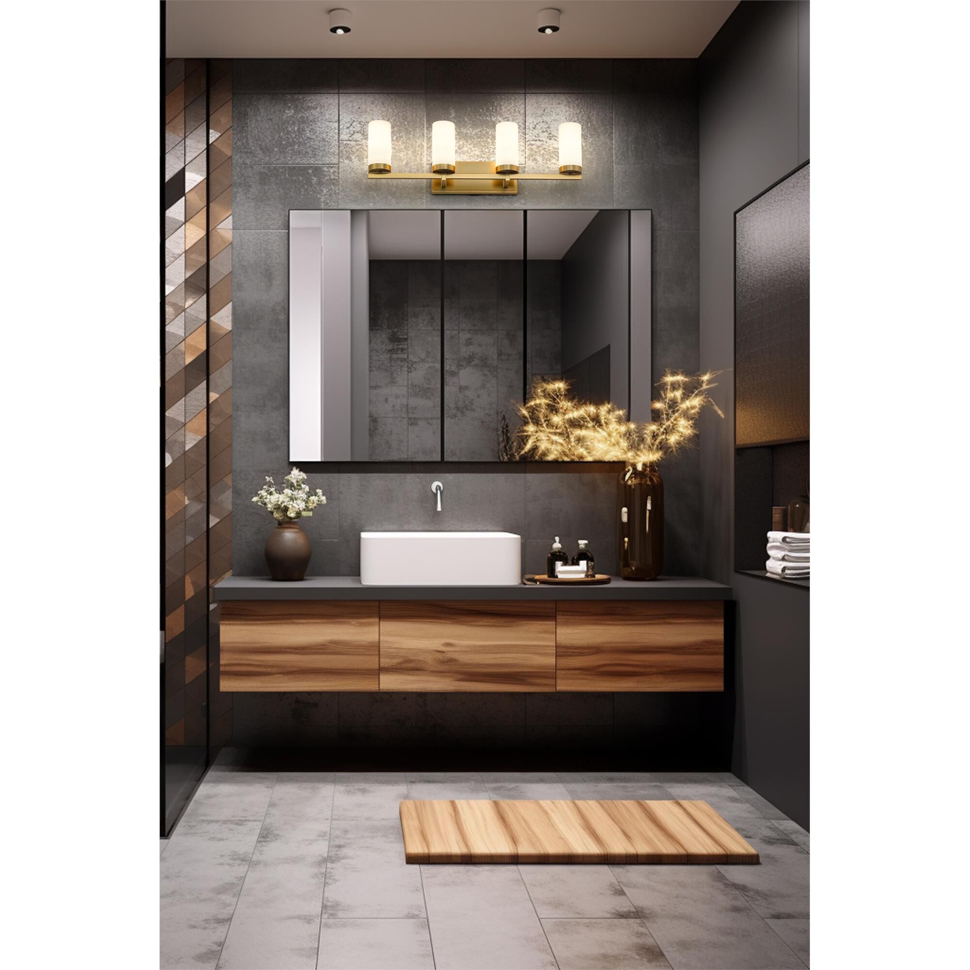 Shown in Modern Gold finish and White glass and White shade