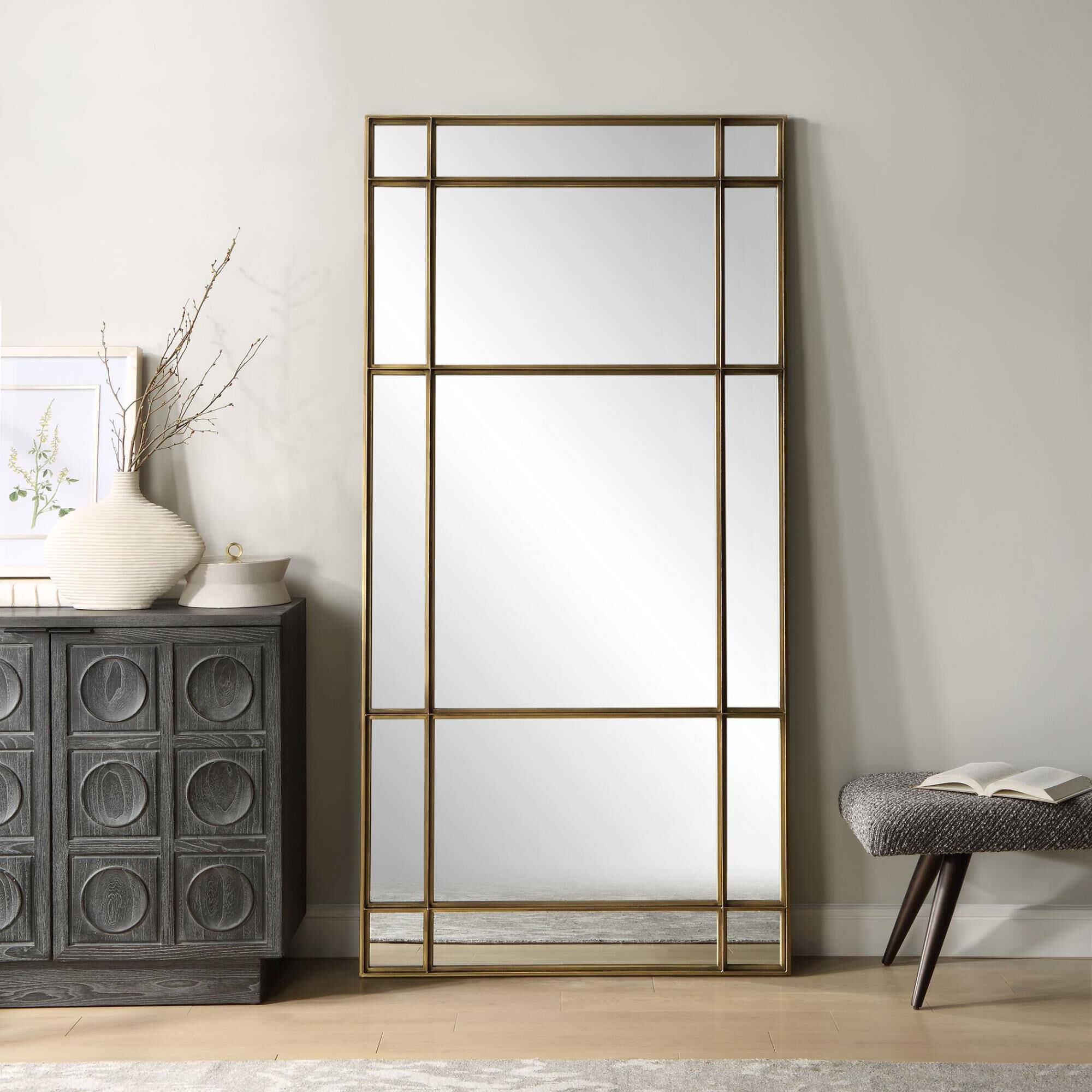 Shown in This Oversized Mirror Features A Heavy Iron Frame With Deep Channels Reminiscent Of Vintage Warehous finish
