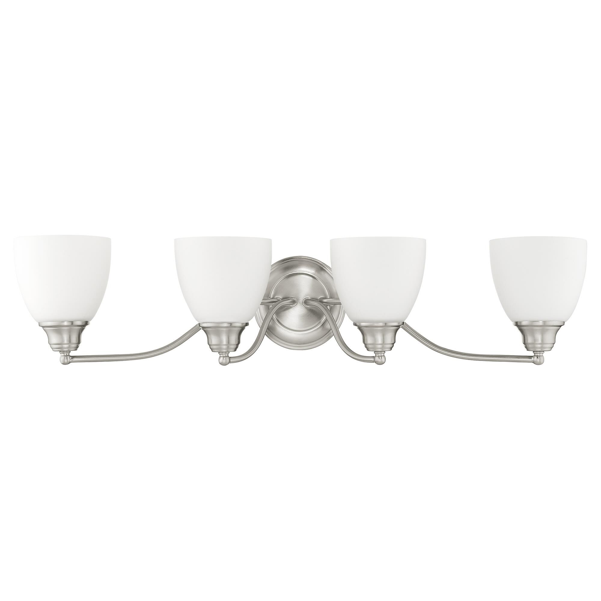 Shown in Brushed Nickel finish and Hand Blown Satin Opal White glass
