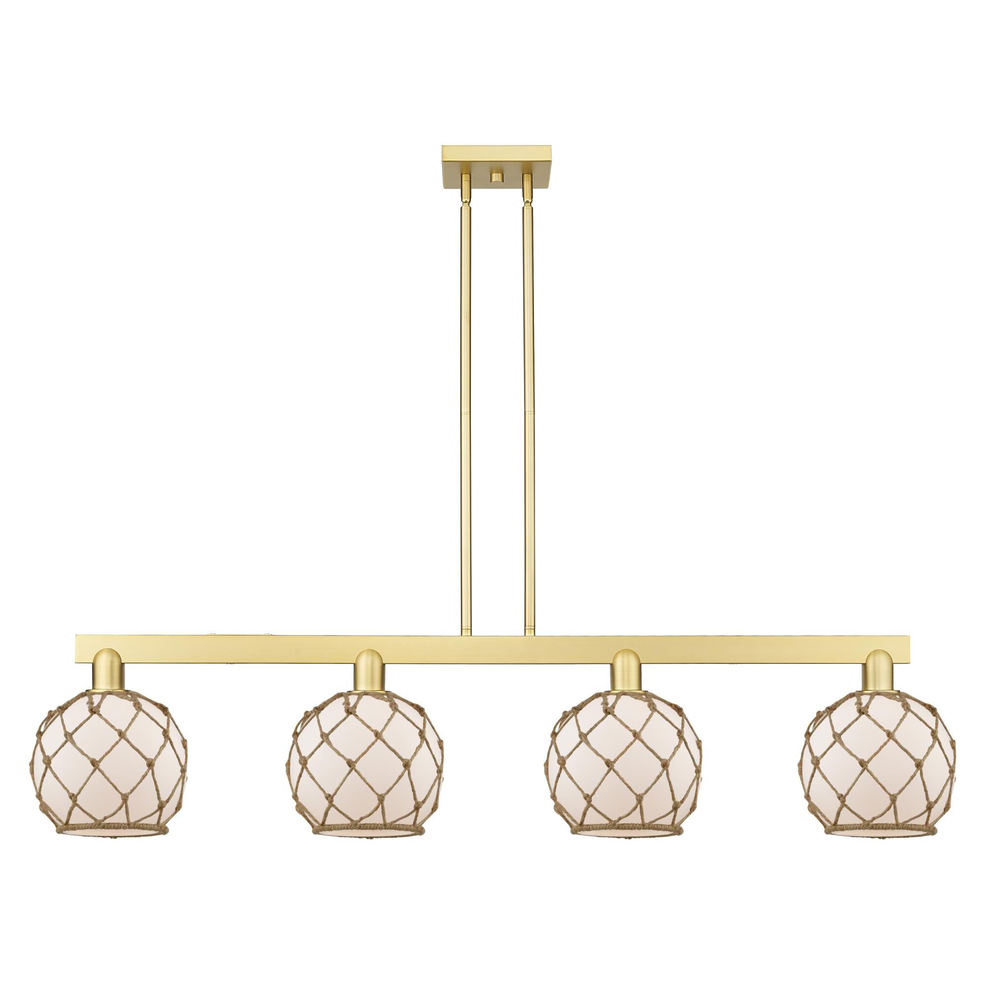 Shown in Satin Gold finish and White with Brown Rope glass