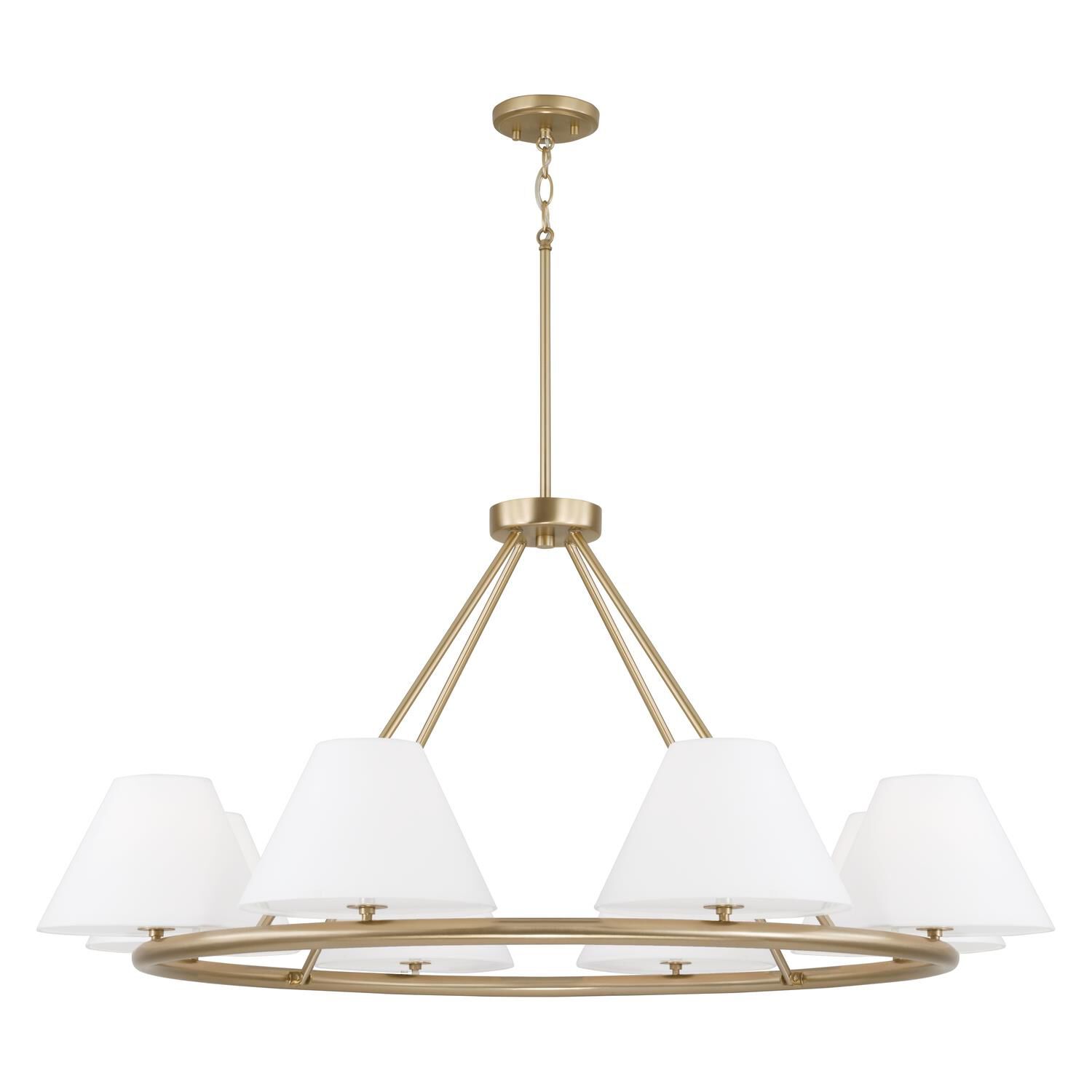 Shown in Matte Brass finish and Soft White Fabric Stay-Straight shade