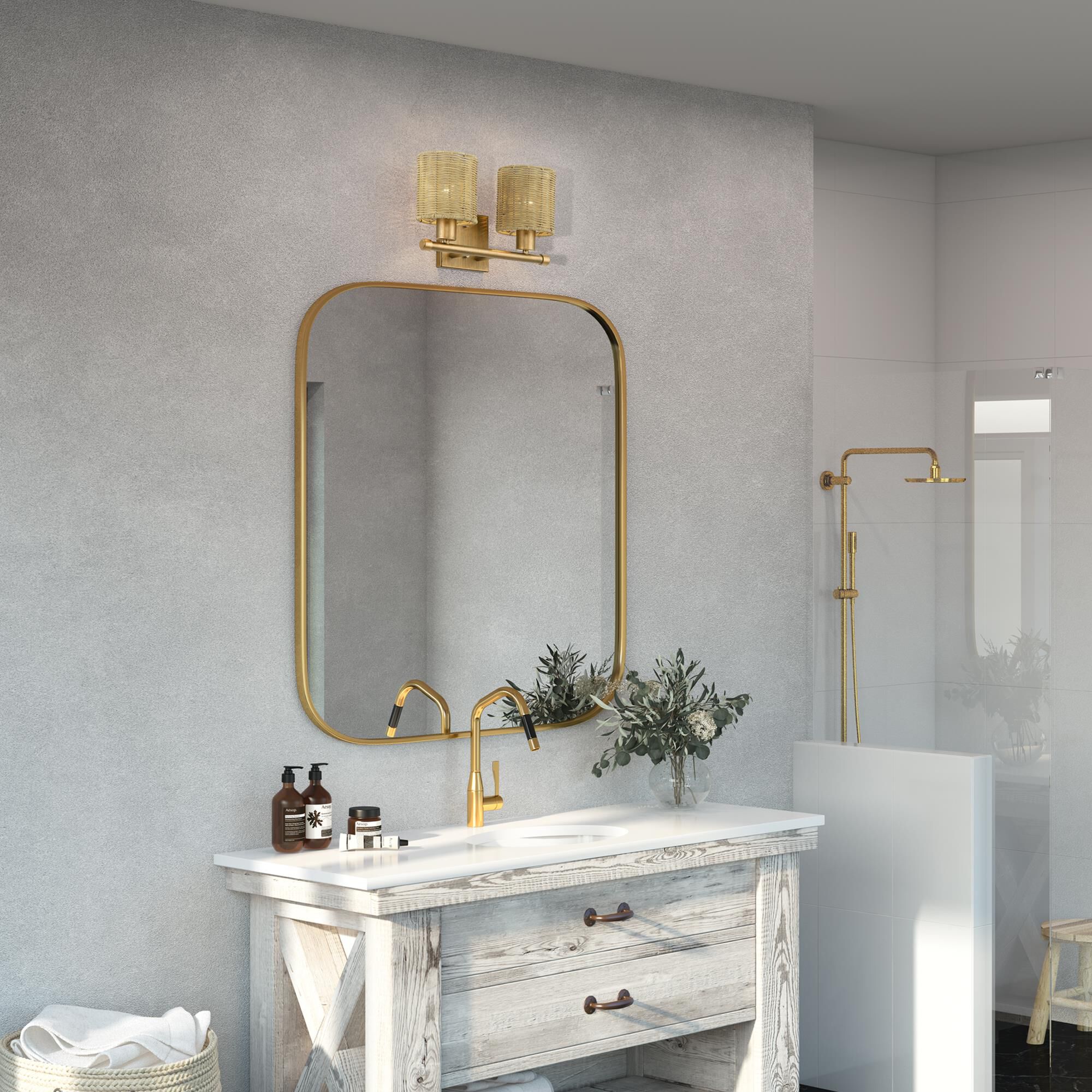 Shown in Antique Gold Leaf finish and Hand-Woven Rustic Walnut Color Rattan shade