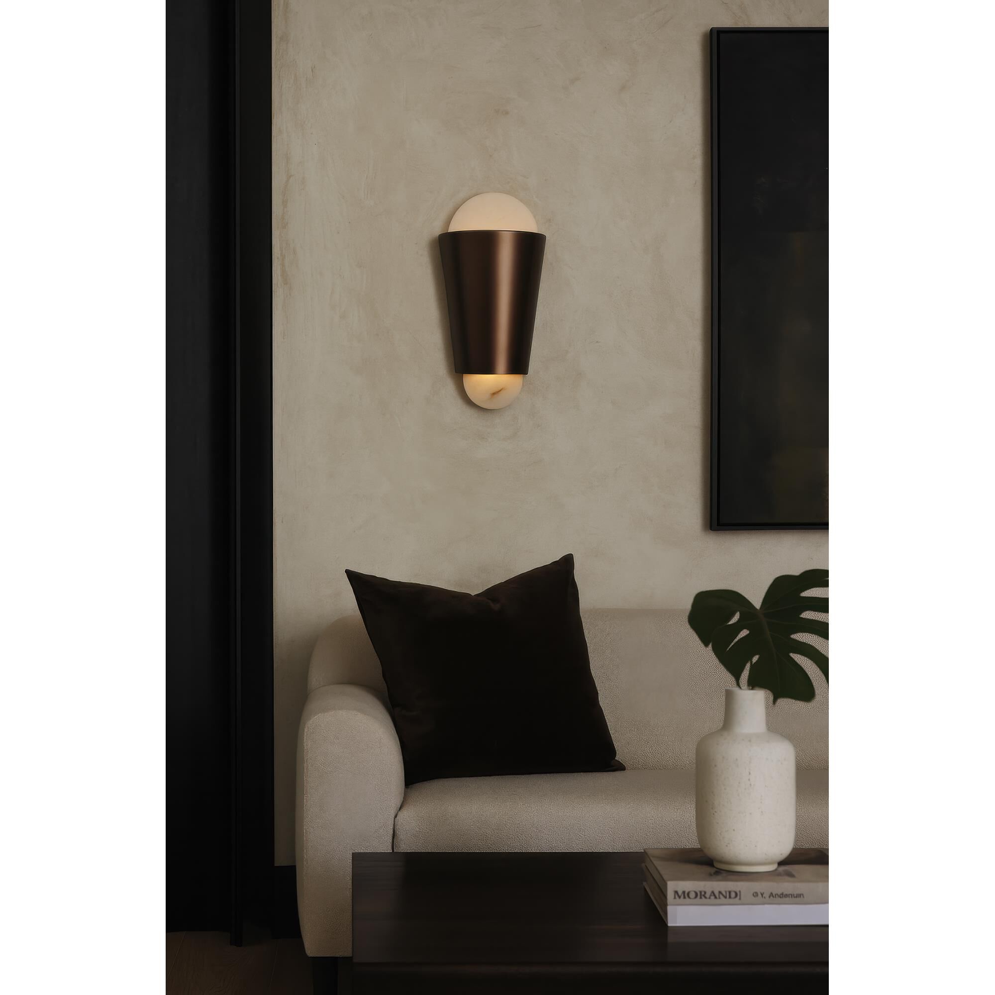 Shown in Bronze and Black finish and Bronze, Brown and  Spanish Alabaster shade