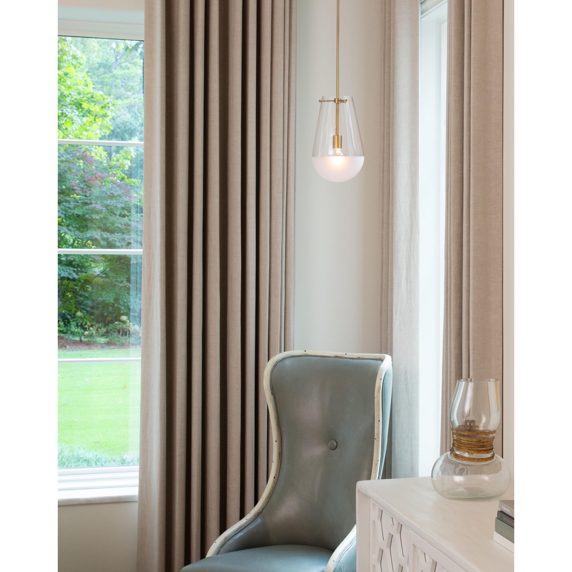 Shown in Lacquered Brass finish and Clear With Etch-Dipped glass