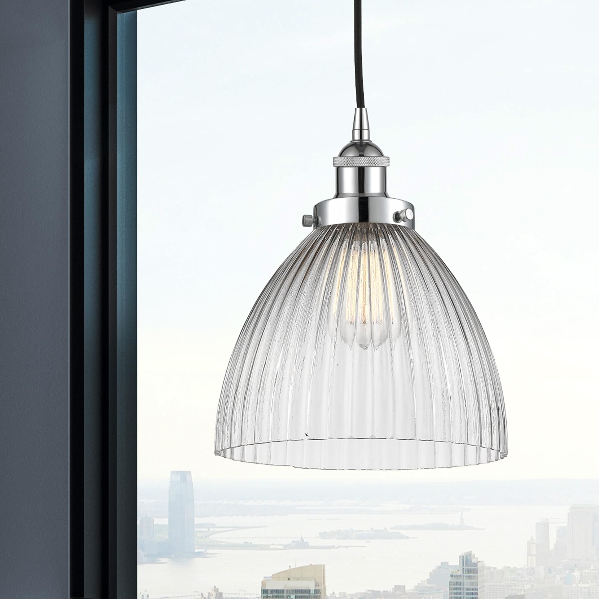 Shown in Polished Chrome finish and Clear Halophane Seneca Falls glass