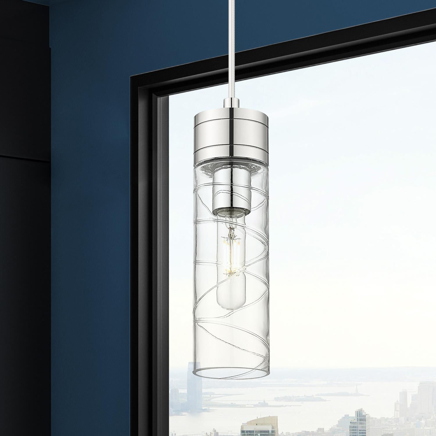 Shown in Polished Chrome finish and Deco Swirl glass