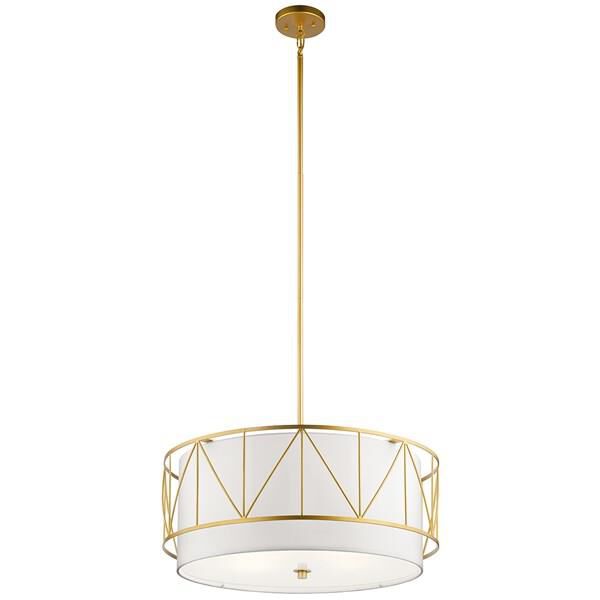 Shown in Classic Gold finish and Satin Etched glass and White Fabric shade
